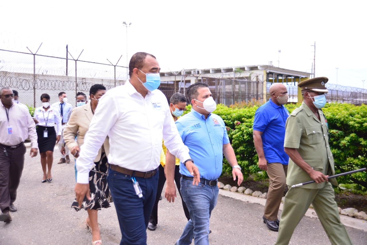 Minister without Portfolio in the Ministry of National Security, Senator the Hon. Matthew Samuda, and Minister of Health and Wellness, Dr. the Hon. Christopher Tufton, visiting the Horizon Adult Remand Centre to observe the implementation of COVID-19 protocols established by the Health Ministry to help prevent the spread of the virus. 
