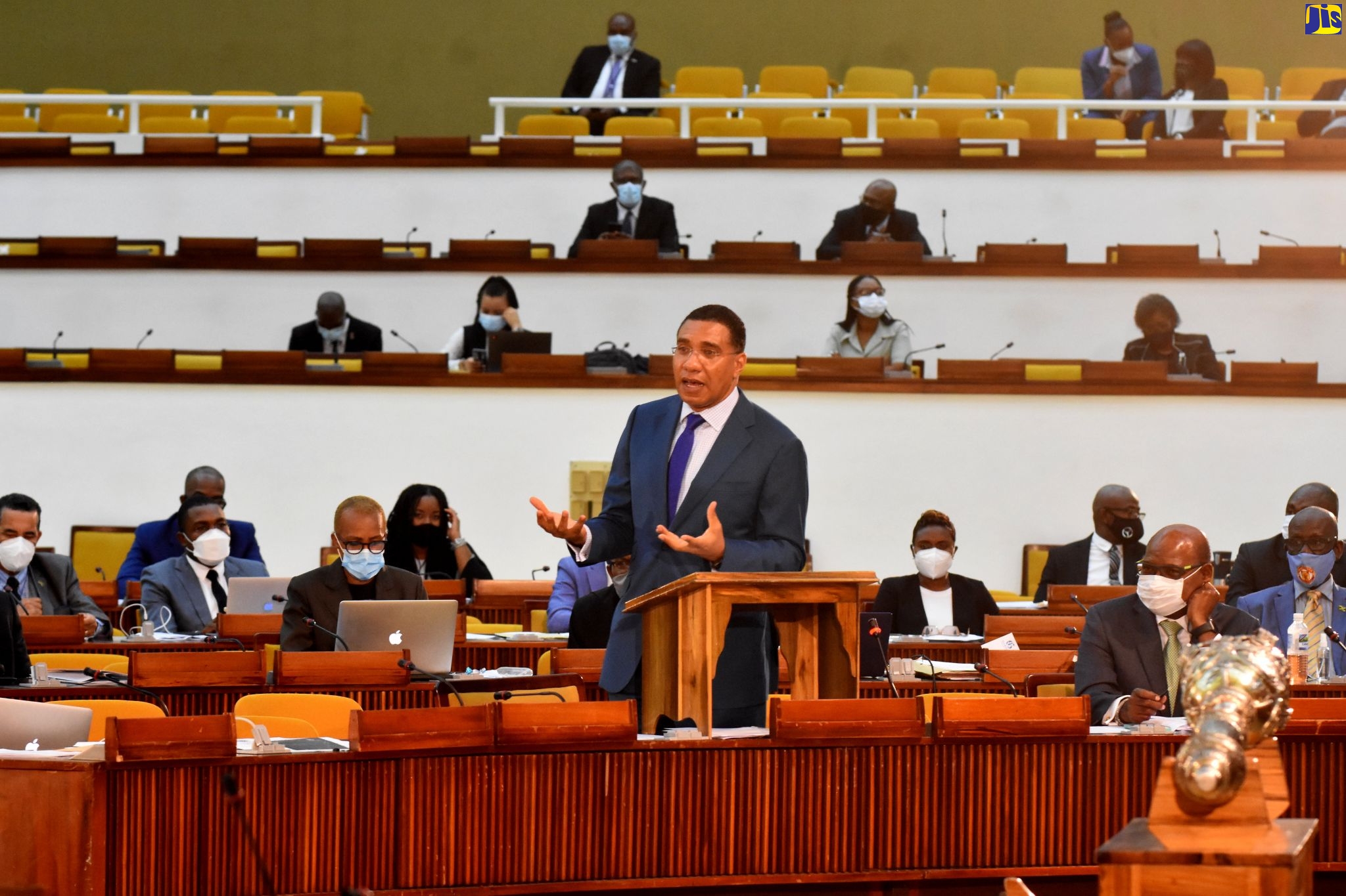 Prime Minister, the Most Hon. Andrew Holness, makes a statement regarding damage caused by the recent heavy rains, during the sitting of the House of Representatives on Tuesday (October 27).
