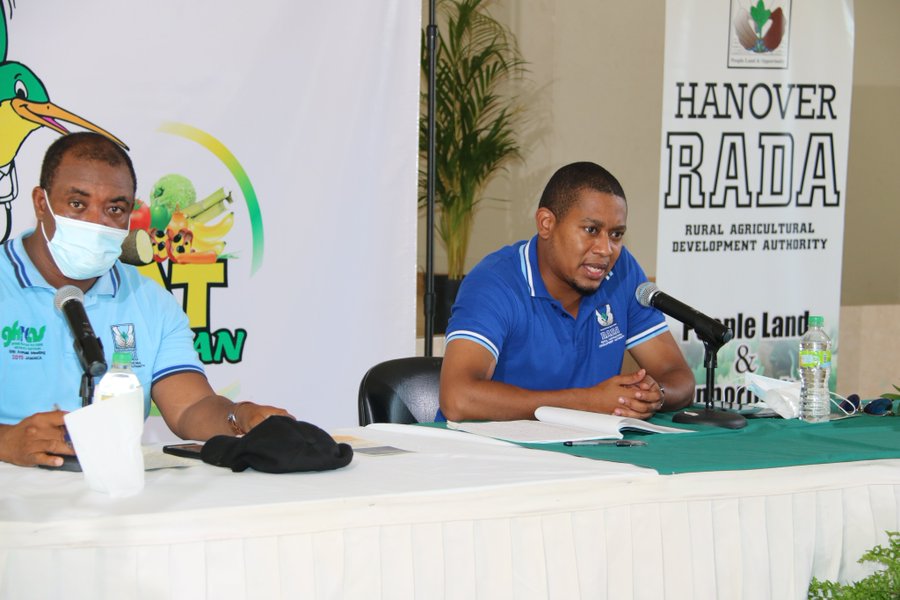 Minister of Agriculture and Fisheries, Hon. Floyd Green (right), speaks at a ‘Listening Tour’ event  in Hanover, recently.  At left is Chief Executive Officer of the Rural Agricultural Development Authority (RADA), Peter Thompson.

