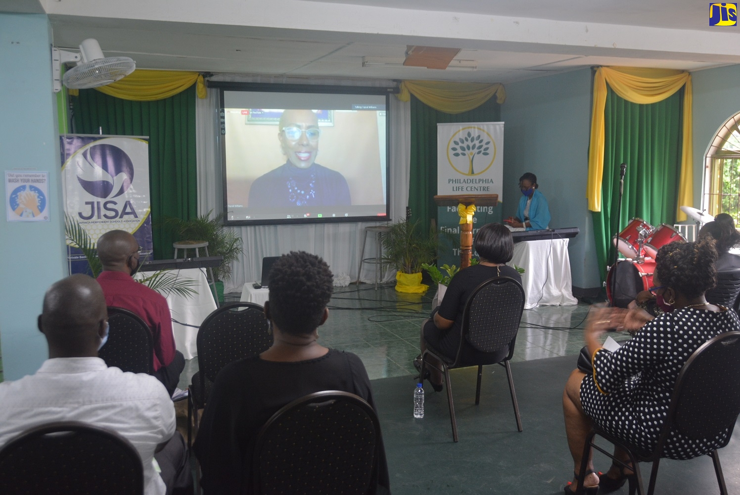 Minister of Education, Youth and Information, Hon. Fayval Williams, speaking virtually to attendees at the Jamaica Independent Schools Association (JISA) National Church Service held at the Philadelphia Life Centre in Ocho Rios, St. Ann, on Sunday, November 8.