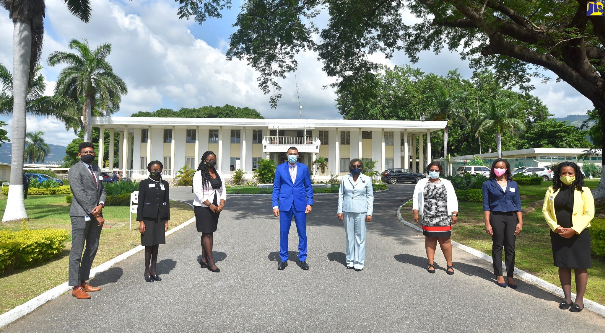 Prime Minister, the Most Hon. Andrew Holness (fourth left) and Permanent Secretary in the Office of the Prime Minister, Audrey Sewell (fifth left), with six of the seven persons selected as the second cohort for the Jamaica House Fellowship Programme, at  the orientation session at Jamaica House, on November 11. They are (from left) Christopher Harper, Christal Parris-Campbell, Asha-Gaye Cowell, Anabelle Jones, Jervian Johnson, and Kiddist McCoy. Absent is Mikol Mortley, who had to sit an examination.