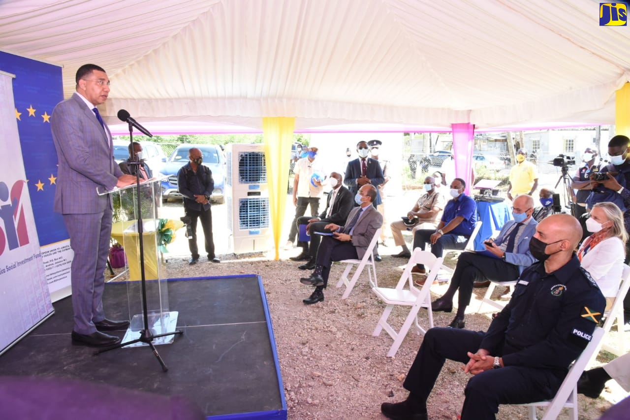 Prime Minister the Most Hon. Andrew Holness, addresses the ground breaking ceremony for the new Mount Salem police station in St. James on Friday (November 27).