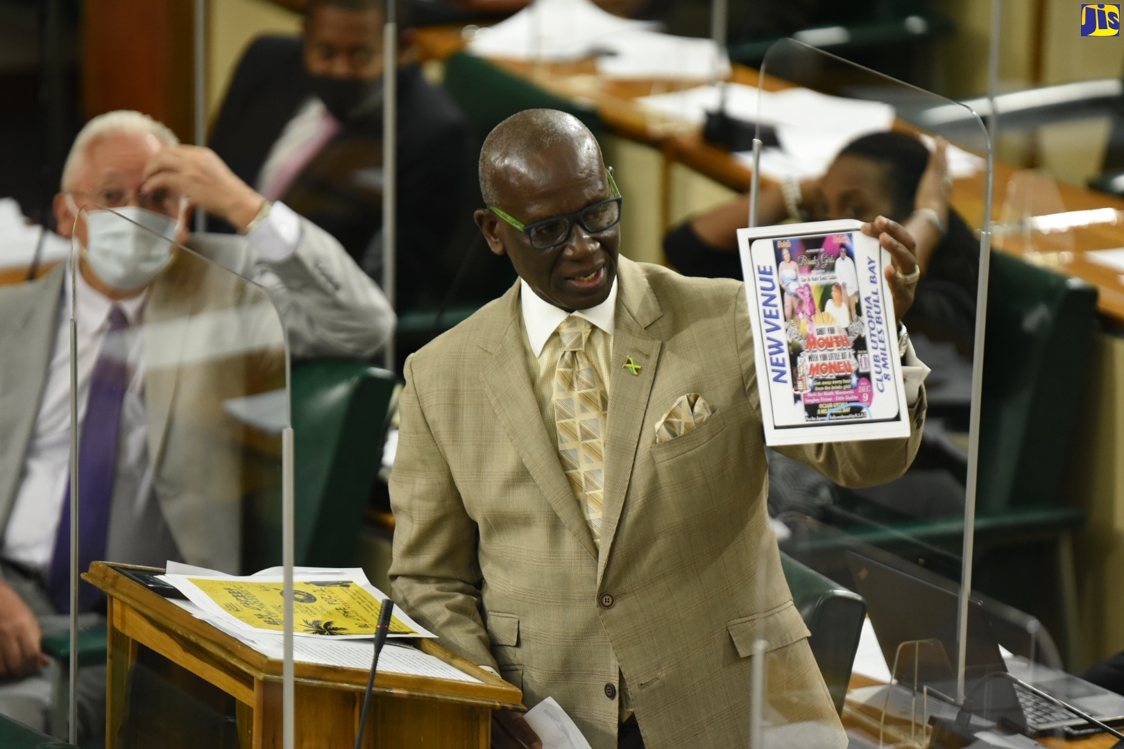 Minister of Local Government and Rural Development, Hon. Desmond McKenzie, displays a flyer promoting an illegal  party, during the sitting of the House of Representatives on December 8.

 