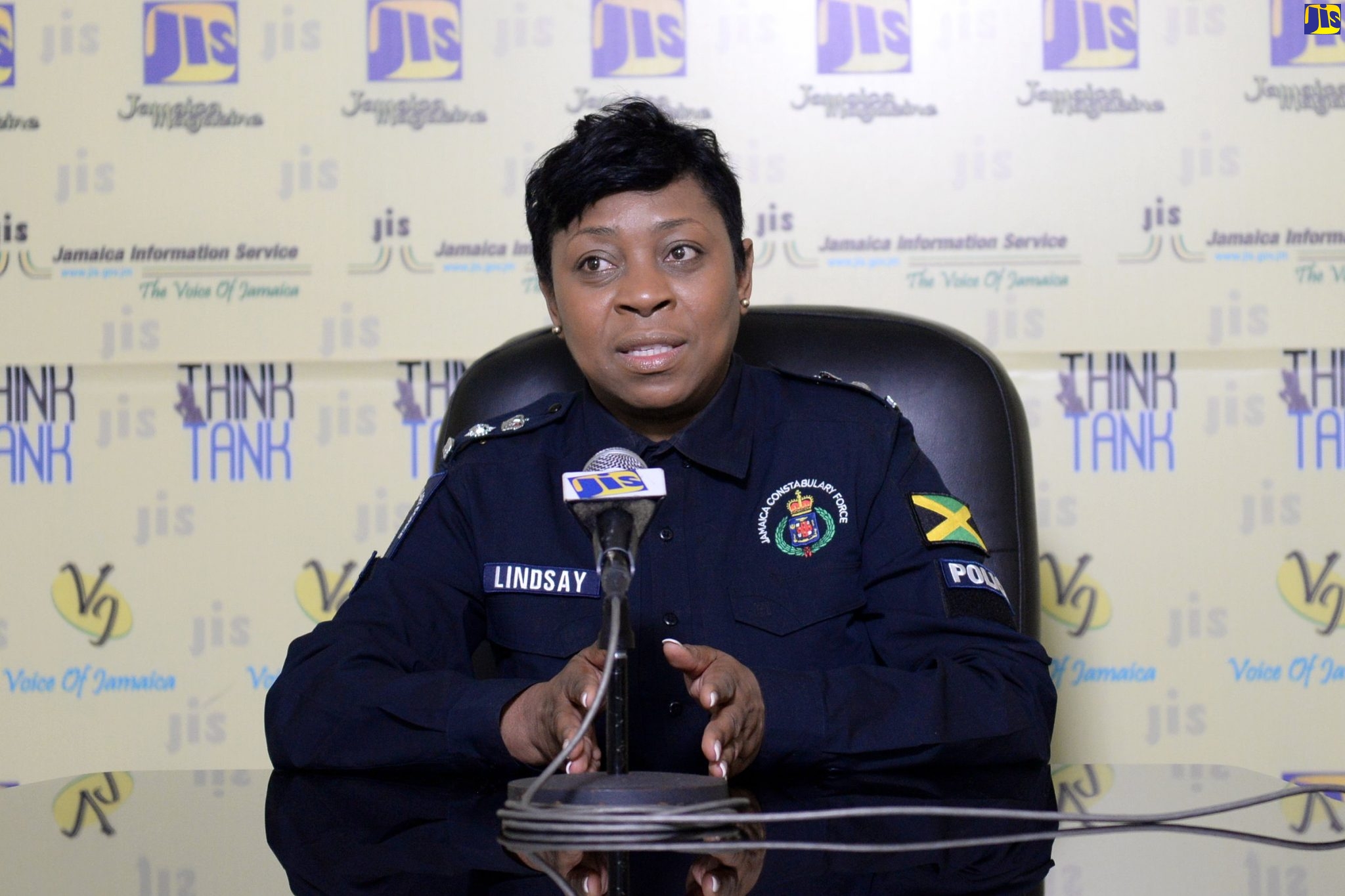 Head of the Corporate Communications Unit (CCU), Jamaica Constabulary Force, Senior Superintendent of Police (SSP) Stephanie Lindsay, speaks at a JIS Think Tank  earlier this month.