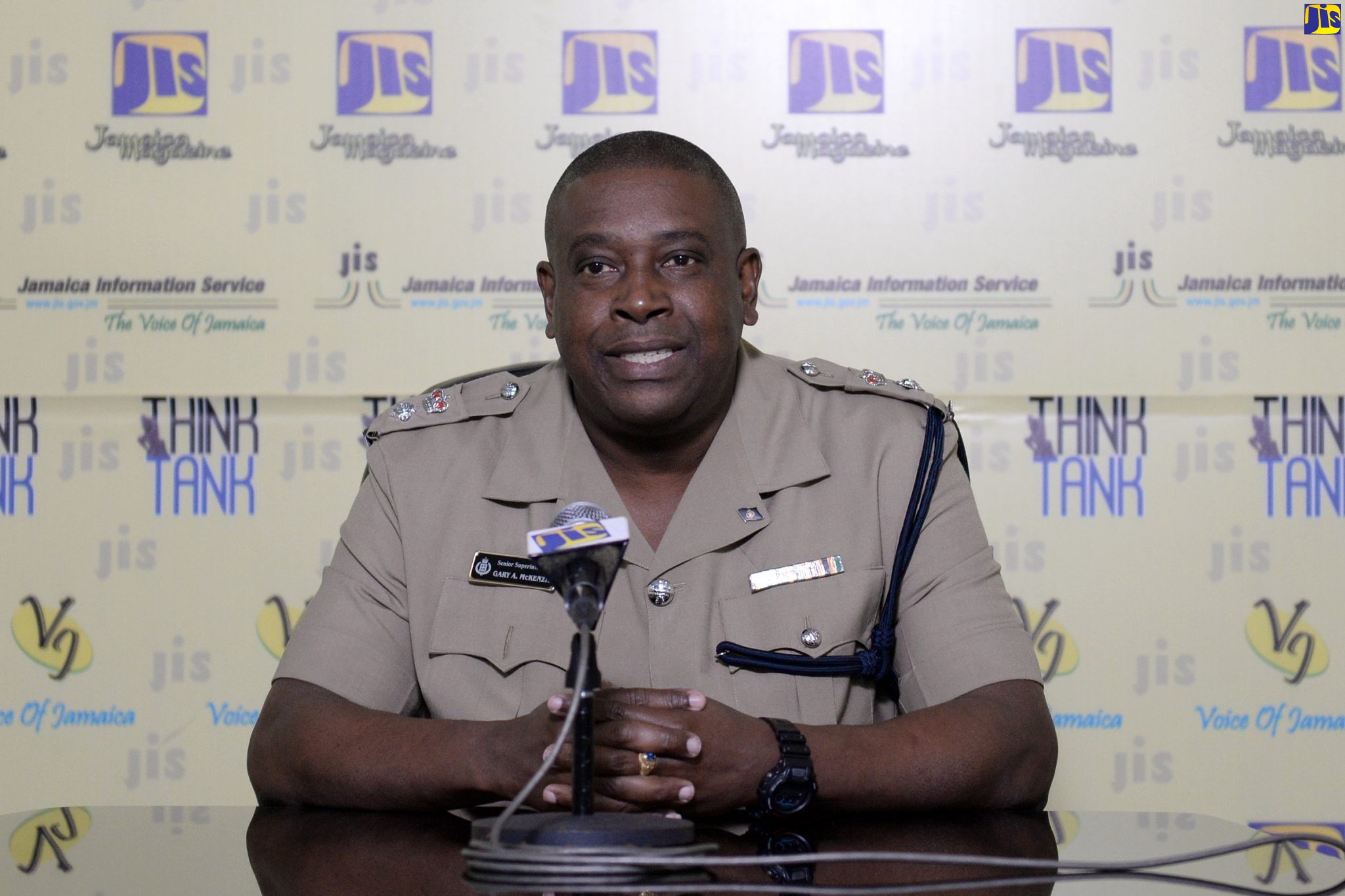 Head of the Public Safety and Traffic Enforcement Branch (PSTEB), Senior Superintendent of Police, Gary McKenzie, speaks at a recent Jamaica Information Service (JIS) Think Tank.

