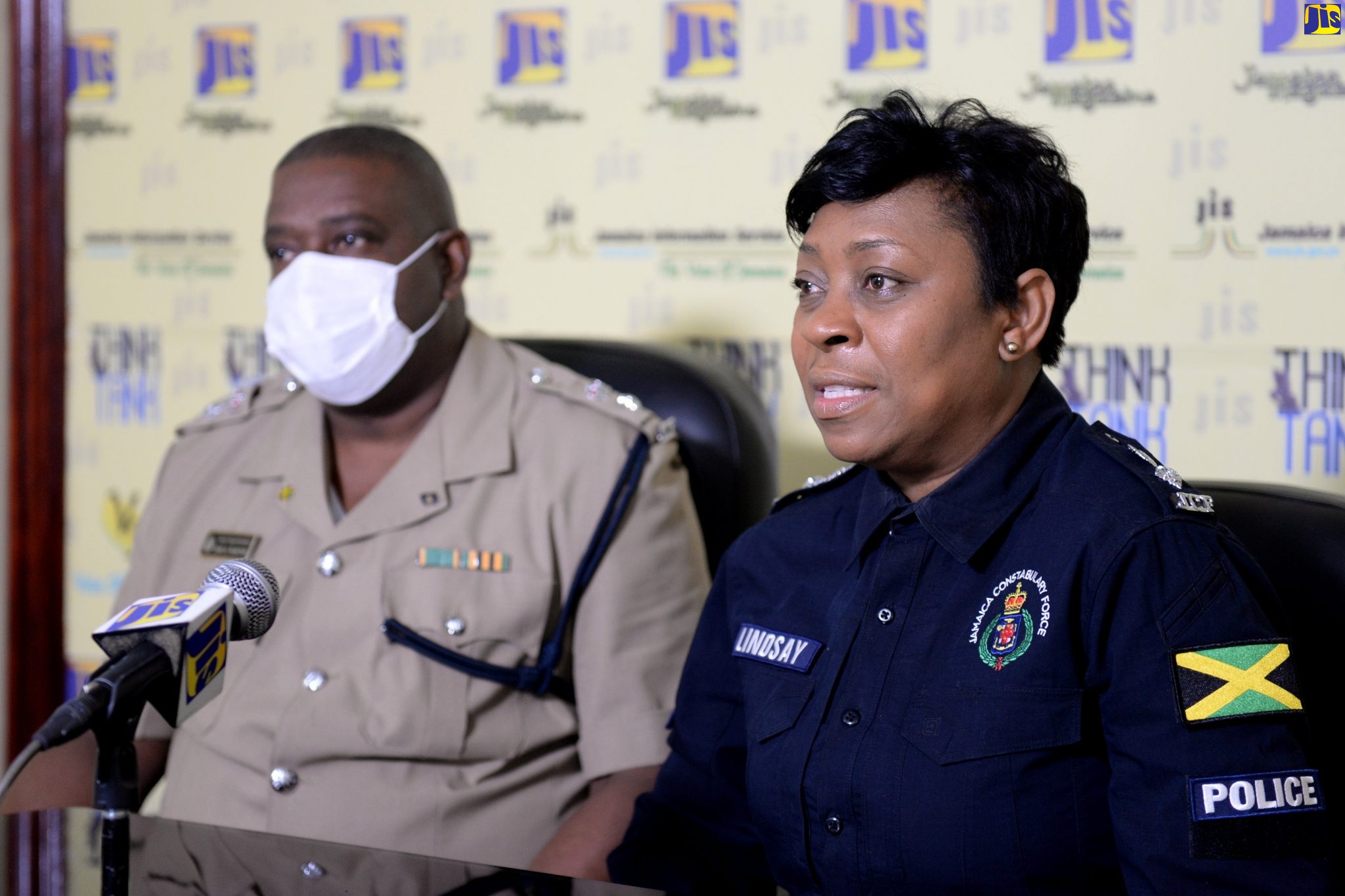 Head of the Corporate Communications Unit (CCU), Jamaica Constabulary Force (JCF), Senior Superintendent of Police (SSP) Stephanie Lindsay, speaking at a recent JIS Think Tank. Beside her is Head of the Public Safety and Traffic Enforcement Branch (PSTEB), Senior Superintendent of Police, Gary McKenzie.