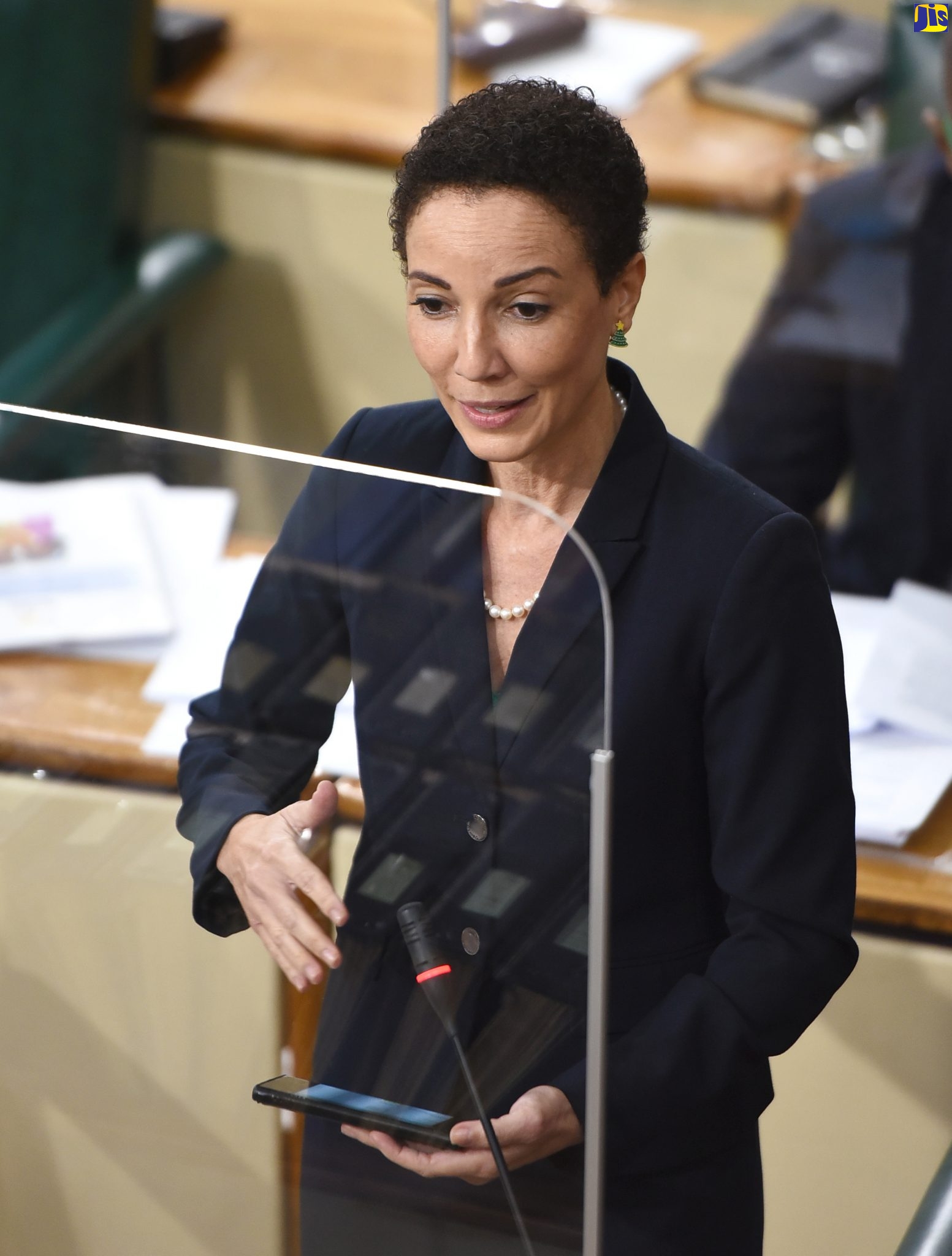 Minister of Foreign Affairs and Foreign Trade, and Leader of Government Business in the Upper House, Senator the Hon. Kamina Johnson Smith, highlights a point while piloting two Ministerial Orders during the sitting of the Senate on Friday (December 18). The Orders, which were approved, aim to further strengthen the country’s anti-money laundering and counter-financing of terrorism framework.