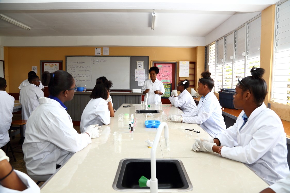 Research scientist and Science, Technology, Engineering and Mathematics (STEM) Ambassador, Scientific Research Council (SRC)  ​Dr. Shadae Foster (head of table), instructs students during a soap-making workshop. Occasion was the SRC’s Schools Science and Technology Societies (SSTS) Invasion held at the Ferncourt High School in 2019. (Photo: contributed)

