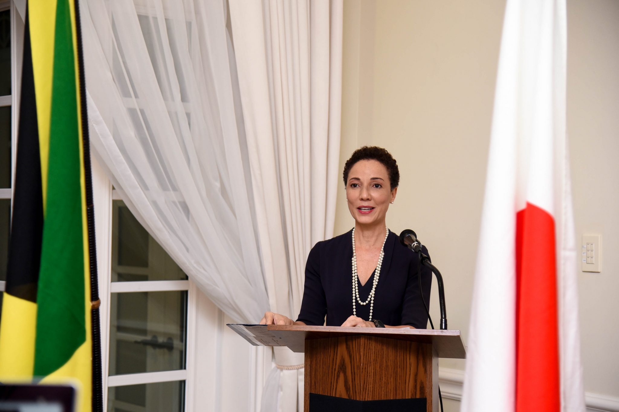 Minister of Foreign Affairs and Foreign Trade, Senator the Hon. Kamina Johnson Smith, speaking at a reception on Tuesday (February 23) to celebrate the 61st birthday of His Majesty Emperor Naruhito of Japan, held at the St. Andrew residence of the Ambassador of Japan to Jamaica.

