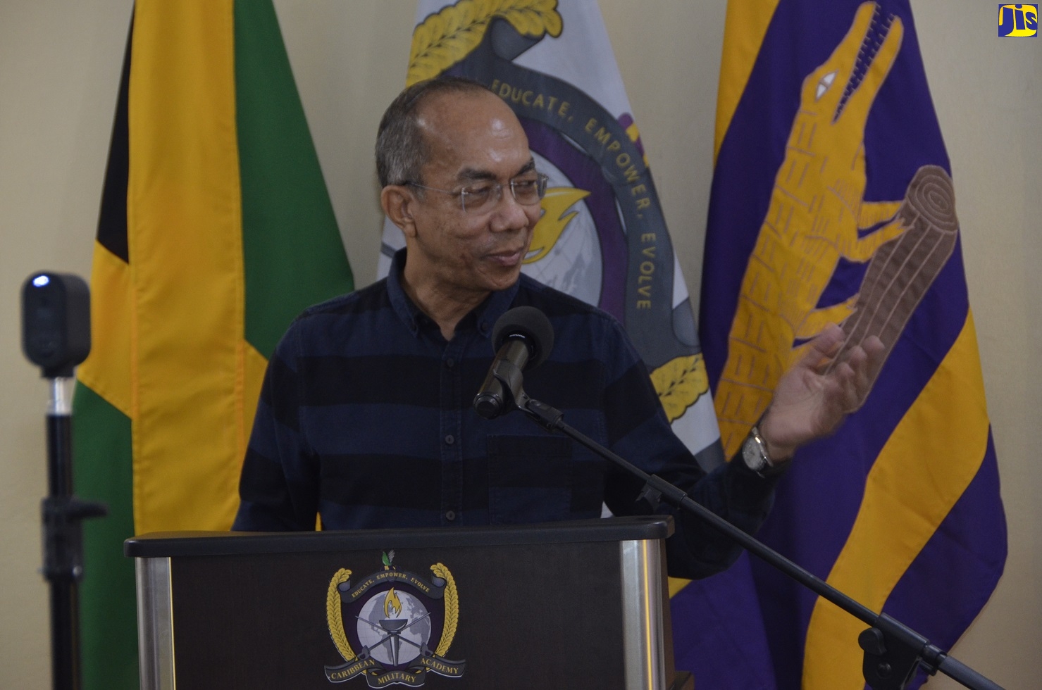 Minister of National Security, Hon. Dr. Horace Chang, addresses members of the Jamaica Defence Force (JDF) and participants in the truck driver simulator training programme at the JDF’s Caribbean Military Academy, during a visit to the institution in Flanker, St. James, on Friday (February 5).