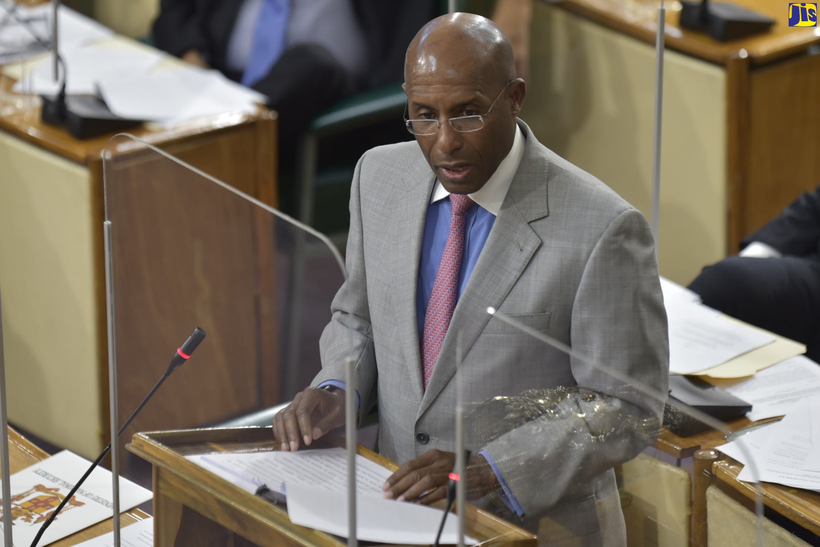 Minister without Portfolio in the Ministry of Economic Growth and Job Creation, Senator the Hon. Aubyn Hill, raises a point while piloting the Independent Fiscal Commission Act, 2020 during the sitting of the Senate on Friday (February 12).