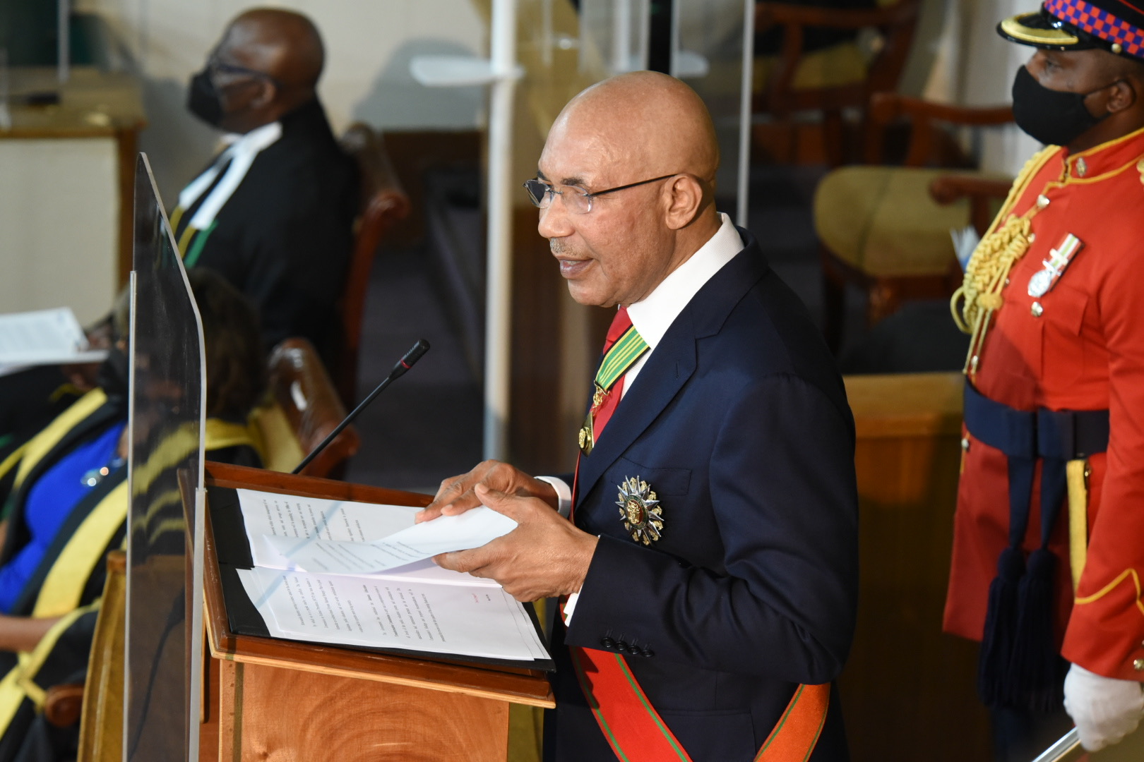 Governor-General, His Excellency the Most Hon. Sir Patrick Allen, delivers the Throne Speech to open the 2021/22 session of Parliament at Gordon House on Thursday (February 18).​

