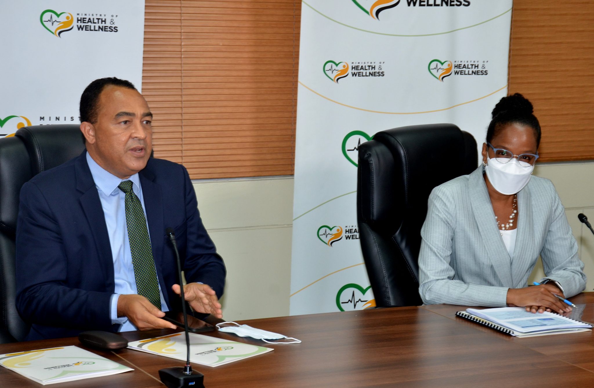 Minister of Health and Wellness, Dr. the Hon. Christopher Tufton (left), speaks at the Ministry’s weekly COVID Conversation Press Conference, held at the offices of the Ministry in New Kingston, on Thursday (February 18). With the Minister is National Epidemiologist, Dr. Karen Webster Kerr.

 