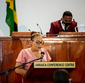 Acting Senior Director  in the Youth and Adolescent Policy Division, Ministry of Education, Youth and Information, Jamie-Ann Chevannes, addresses a function  at the Jamaica Conference Centre, recently.   Also participating  is Andre Barnaby.

