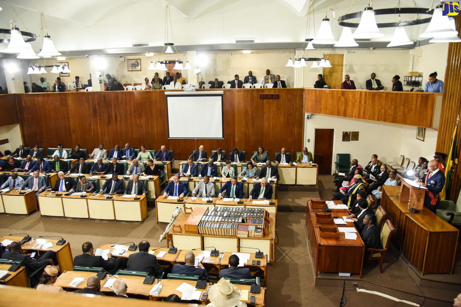 Governor-General, His Excellency the Most Hon. Sir Patrick Allen (right), delivers the 2019/20 Throne Speech under the theme ‘In Partnership towards the New Prosperous Jamaica’, at the Ceremonial Opening of Parliament on February 14. (FIle Photo)