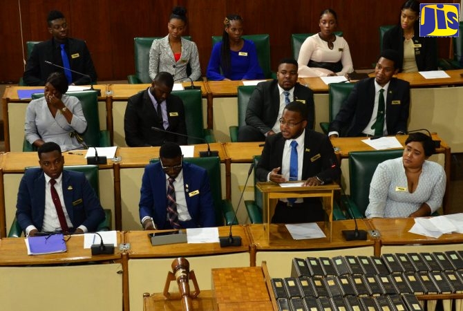 Young people participating in the 2019 sitting of the National Youth Parliament at Gordon House, downtown Kingston.

