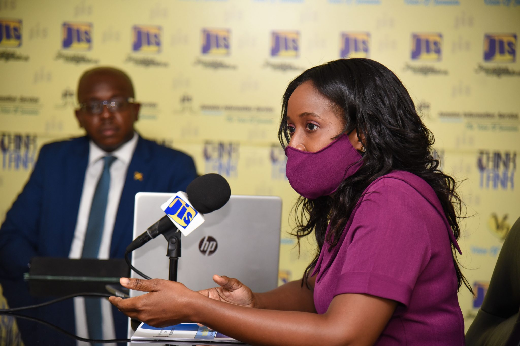 Director of the Rent Services Unit of the Rent Assessment Board, Shenese Headlam, addresses a JIS ‘Think Tank’. Also at the event is Minister of Housing, Urban Renewal, Environment and Climate Change, Hon. Pearnel Charles, Jr.

