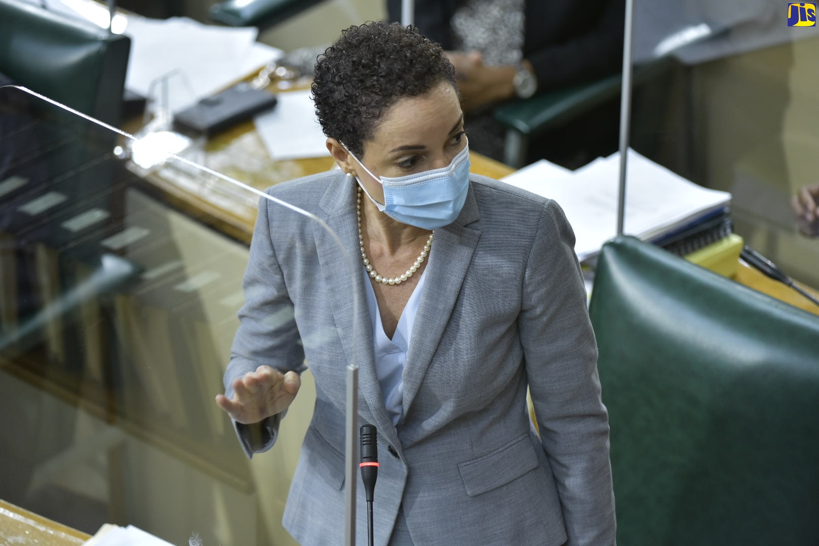 Leader of Government Business in the Senate and Minister of Foreign Affairs and Foreign Trade,  Hon. Kamina Johnson Smith, highlights a point while addressing the Senate  on Friday (March 26).