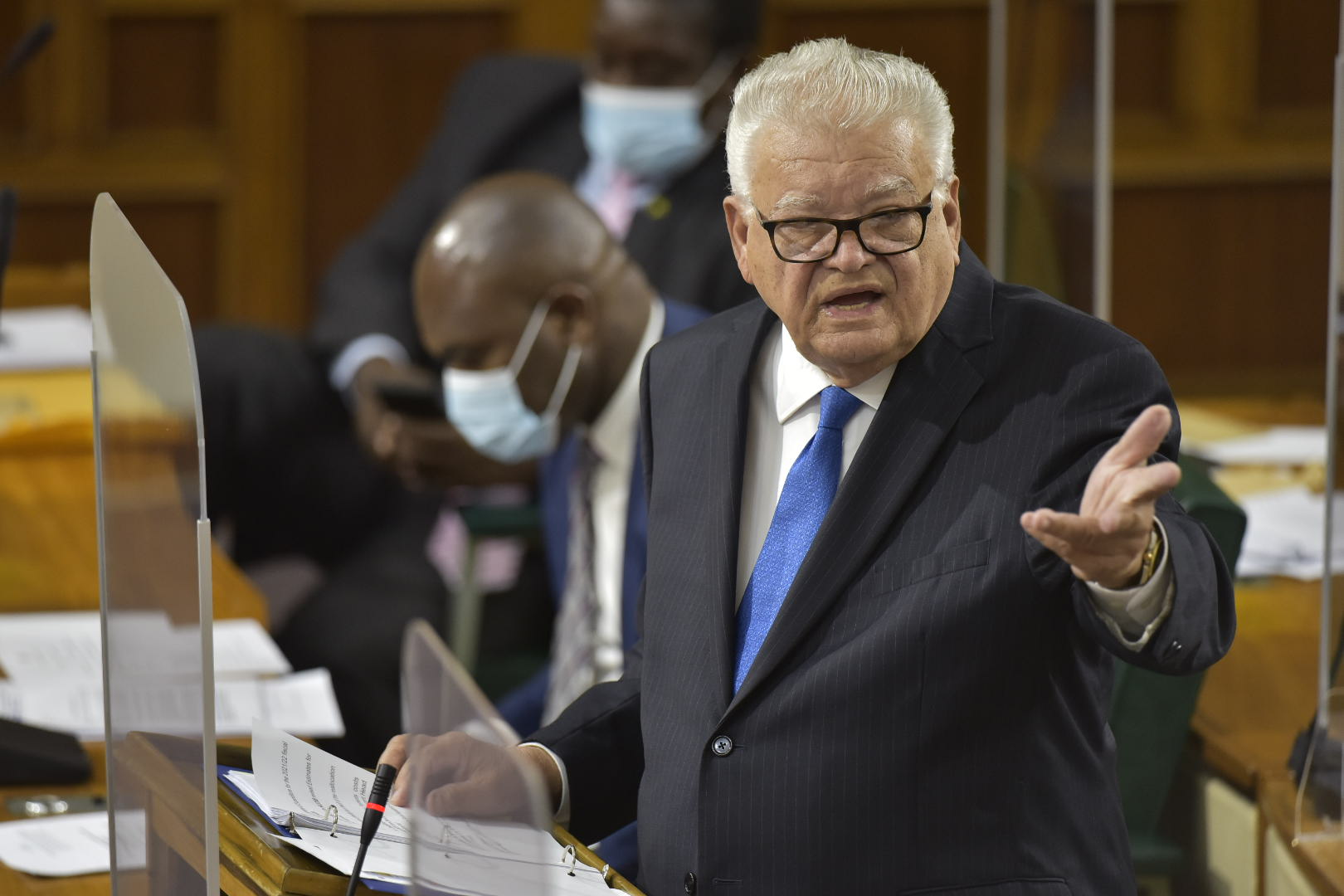Minister of Labour and Social Security, Hon. Karl Samuda, emphasises a point during his contribution to the 2021/22 Sectoral Debate in the House of Representatives on April 27.

