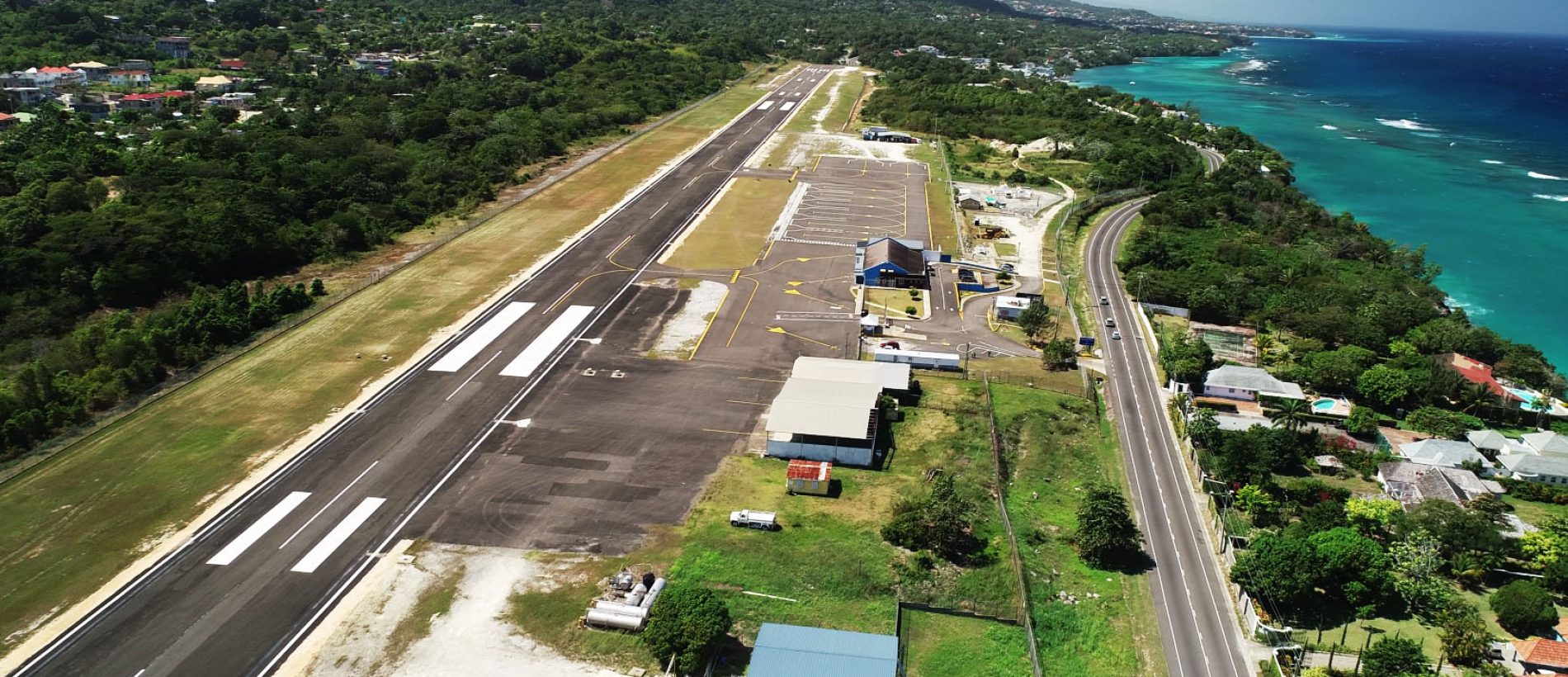 An aerial view of the Ian Fleming International Airport in Boscobel, St. Mary