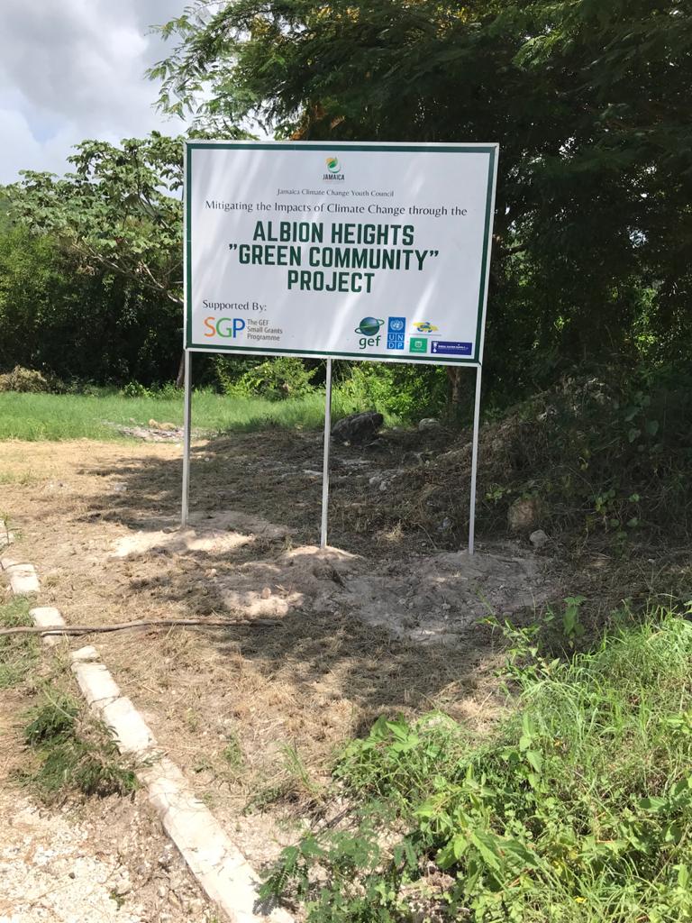 A sign commemorating the launch of the Albion Heights ‘Green Community’ Project by the jamaica Climate Change Youth Council. 