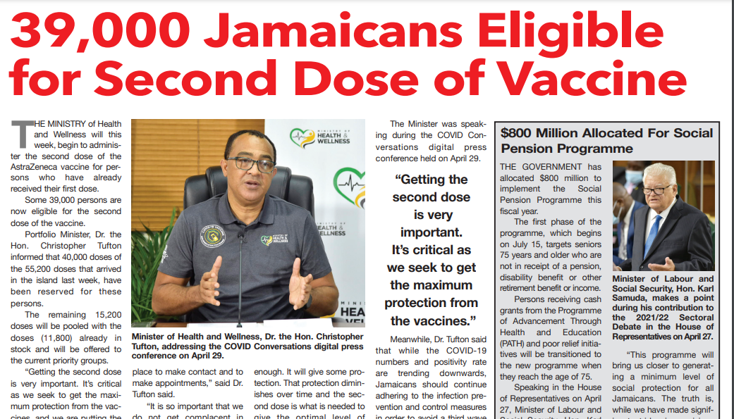 39000 Jamaicans Eligible For Second Dose Of Vaccine Jamaica Information Service