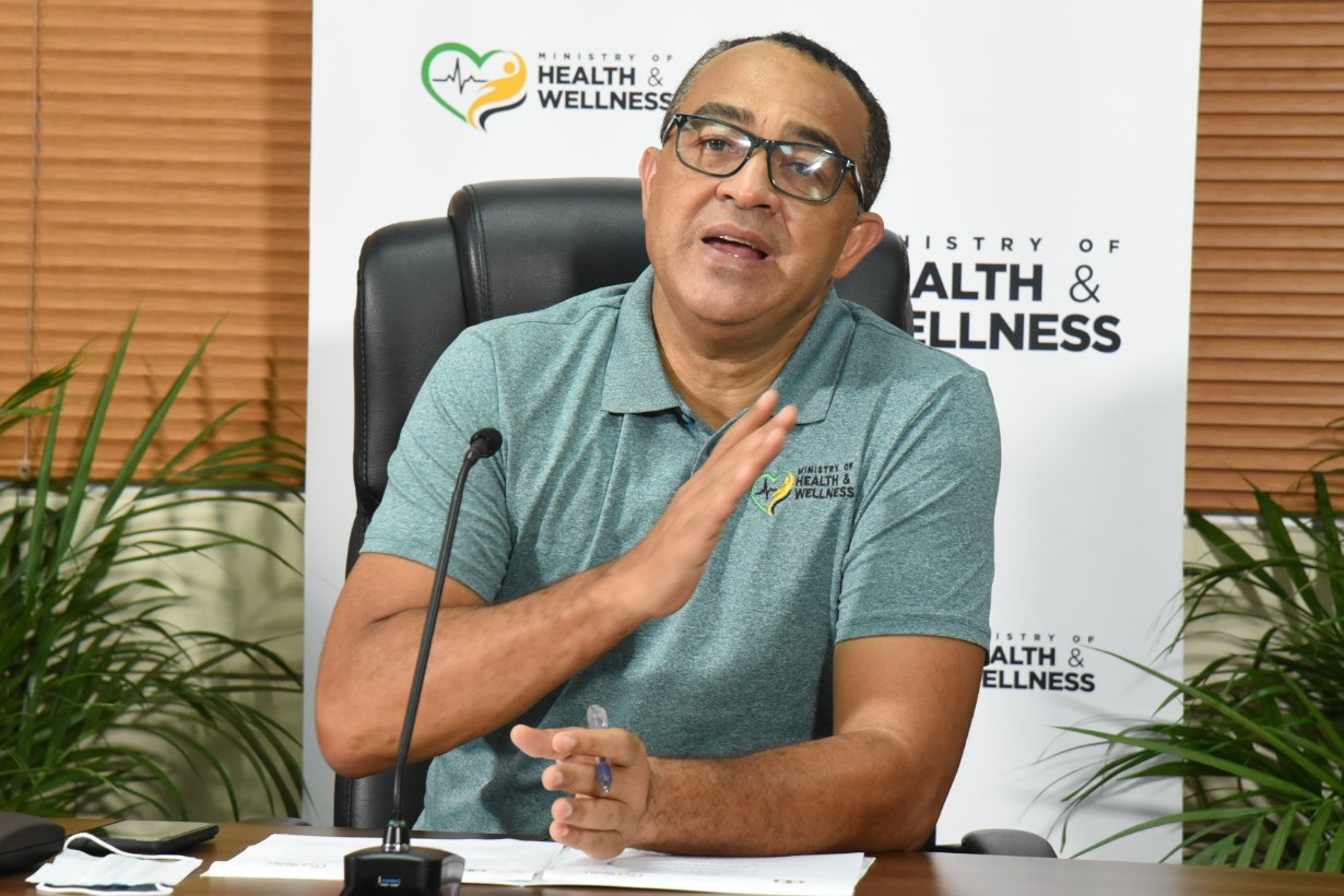  Minister of Health and Wellness, Dr. the Hon. Christopher Tufton, gives an update on the COVID-19 vaccination drive, during a virtual press briefing on May 13.

 