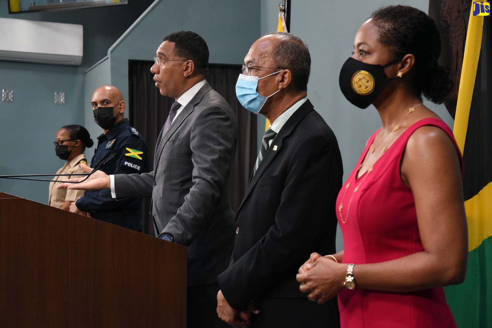 Prime Minister, the Most Hon. Andrew Holness (centre), addresses a virtual press conference on Sunday (June 20), at which he announced the declaration of the Norwood community in St. James as a Zone of Special Operations (ZOSO). With the Prime Minister (from left) are: Force Executive Officer in the Jamaica Defence Force, Commodore Antonette Wemyss-Gorman; Commissioner of Police, Major General Antony Anderson; Minister of National Security, Hon. Dr. Horace Chang; and Attorney General, Hon. Marlene Malahoo Forte.