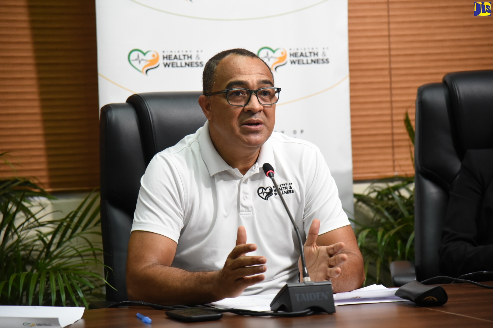 Minister of Health and Wellness, Dr. the Hon. Christopher Tufton, highlights a point while addressing a virtual "COVID Conversations" press briefing on Thursday (July 22).