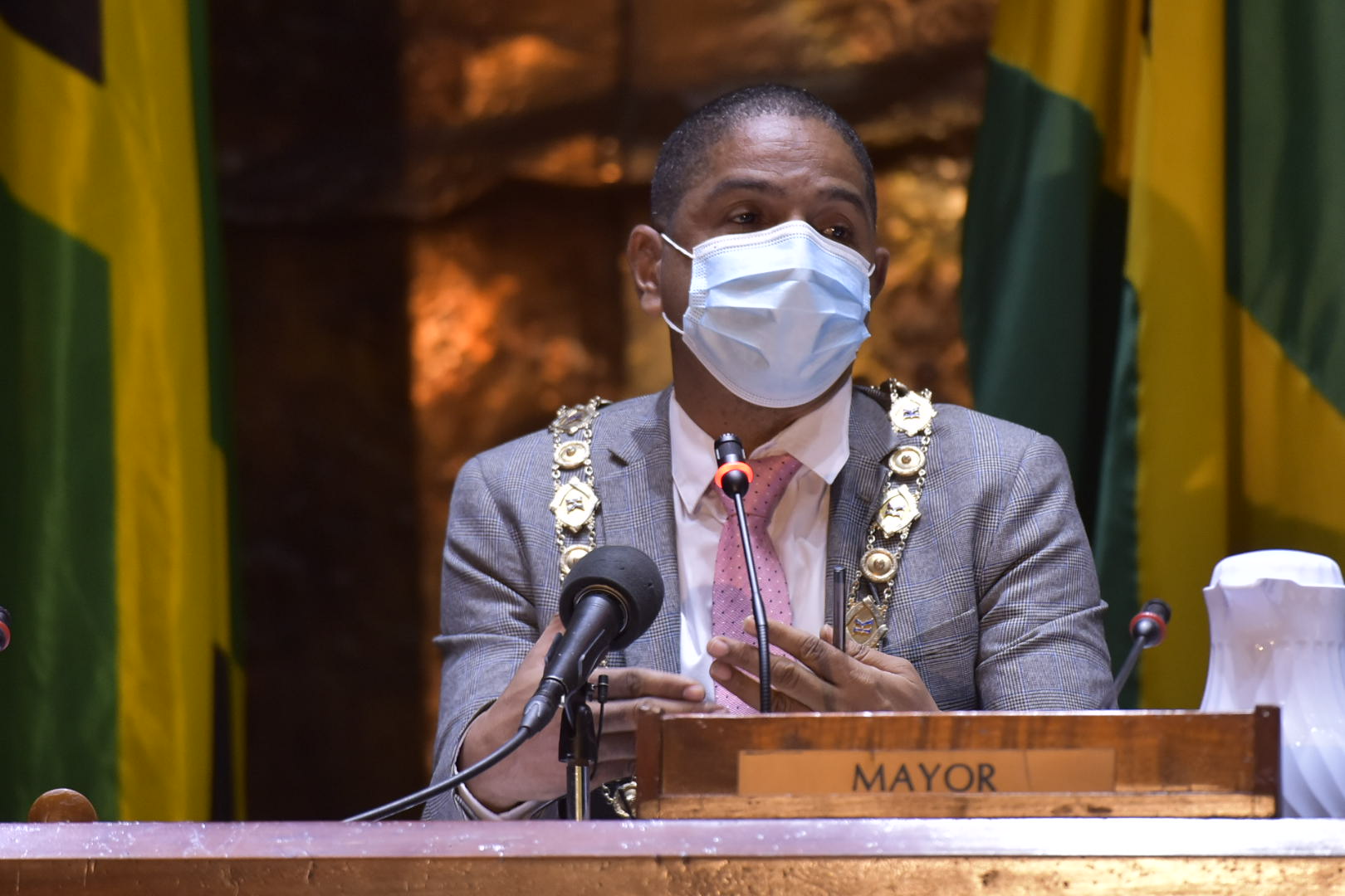 Mayor of Kingston, Senator Councillor Delroy Williams, addresses the monthly meeting of the Kingston and St. Andrew Municipal Corporation,  at the Jamaica Conference Centre in downtown Kingston, on July 13.

