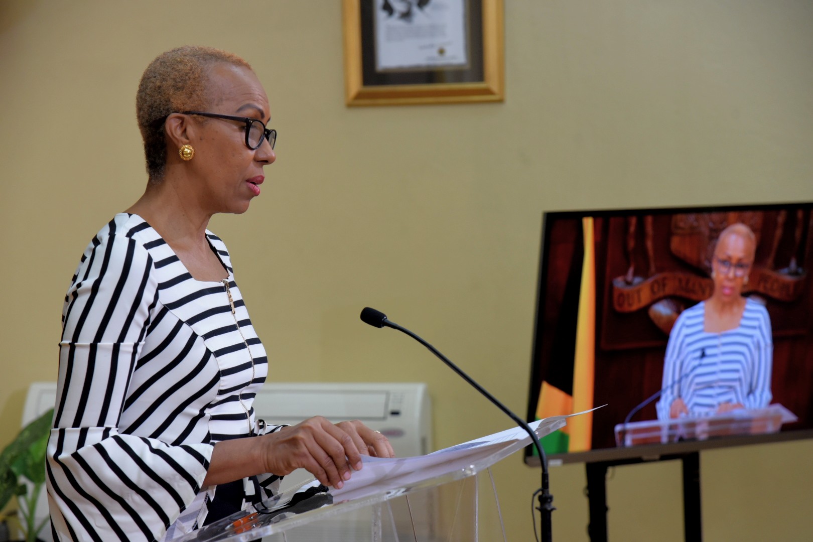 Minister of Education, Youth and Information, Hon. Fayval Willliams, addresses a virtual post-Cabinet press briefing on Wednesday (July 7). 

