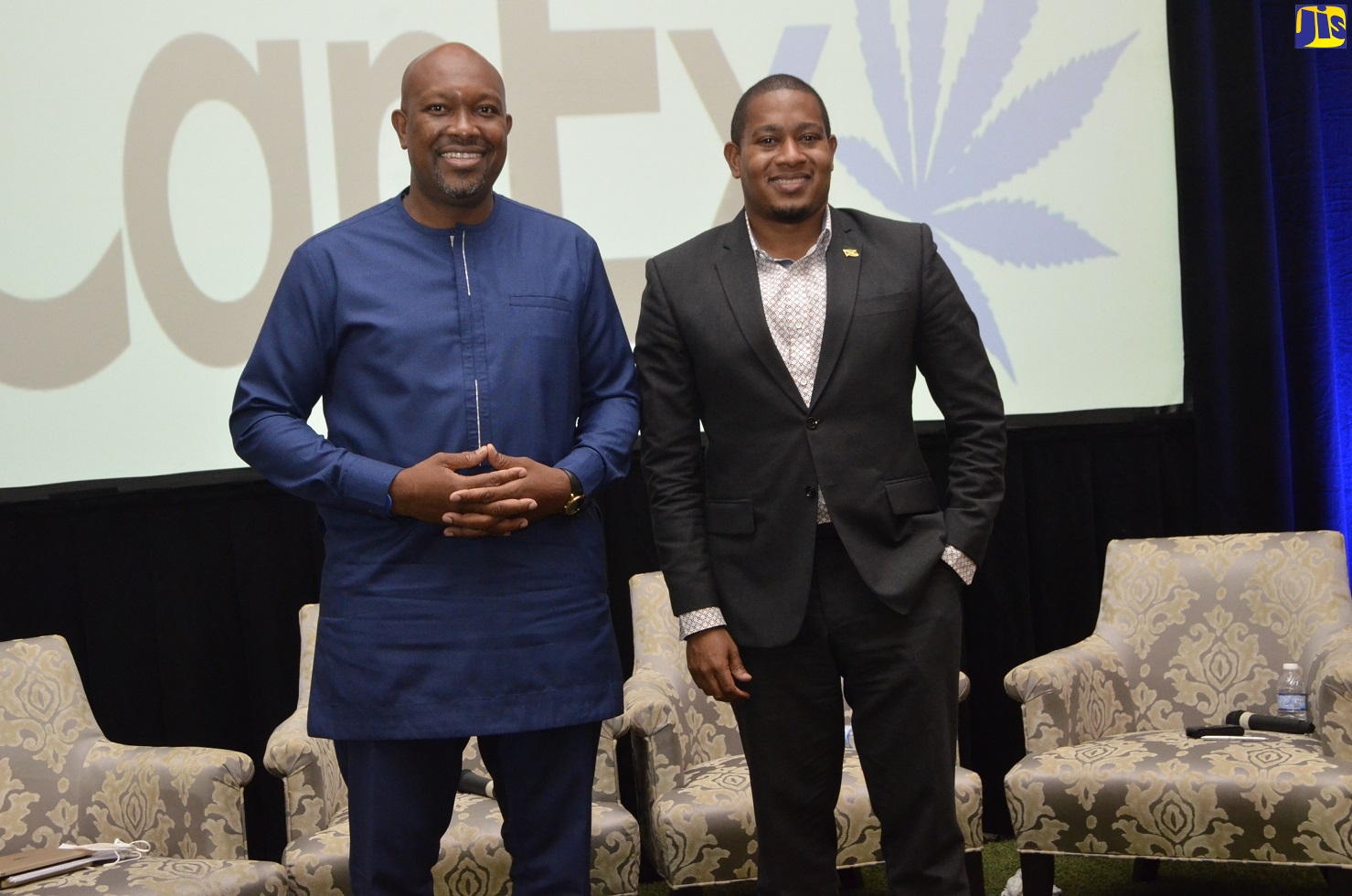 Minister of Agriculture and Fisheries, Hon. Floyd Green (right), with St. Vincent and the Grenadines’ Minister of Agriculture, Forestry, Fisheries, Rural Transformation, Industry and Labour, Saboto Caesar (left), on day one of the inaugural CanEx Psychedelics Summit, at the Jewel Grande Montego Bay Resort and Spa in Montego Bay, St. James, on July 15.