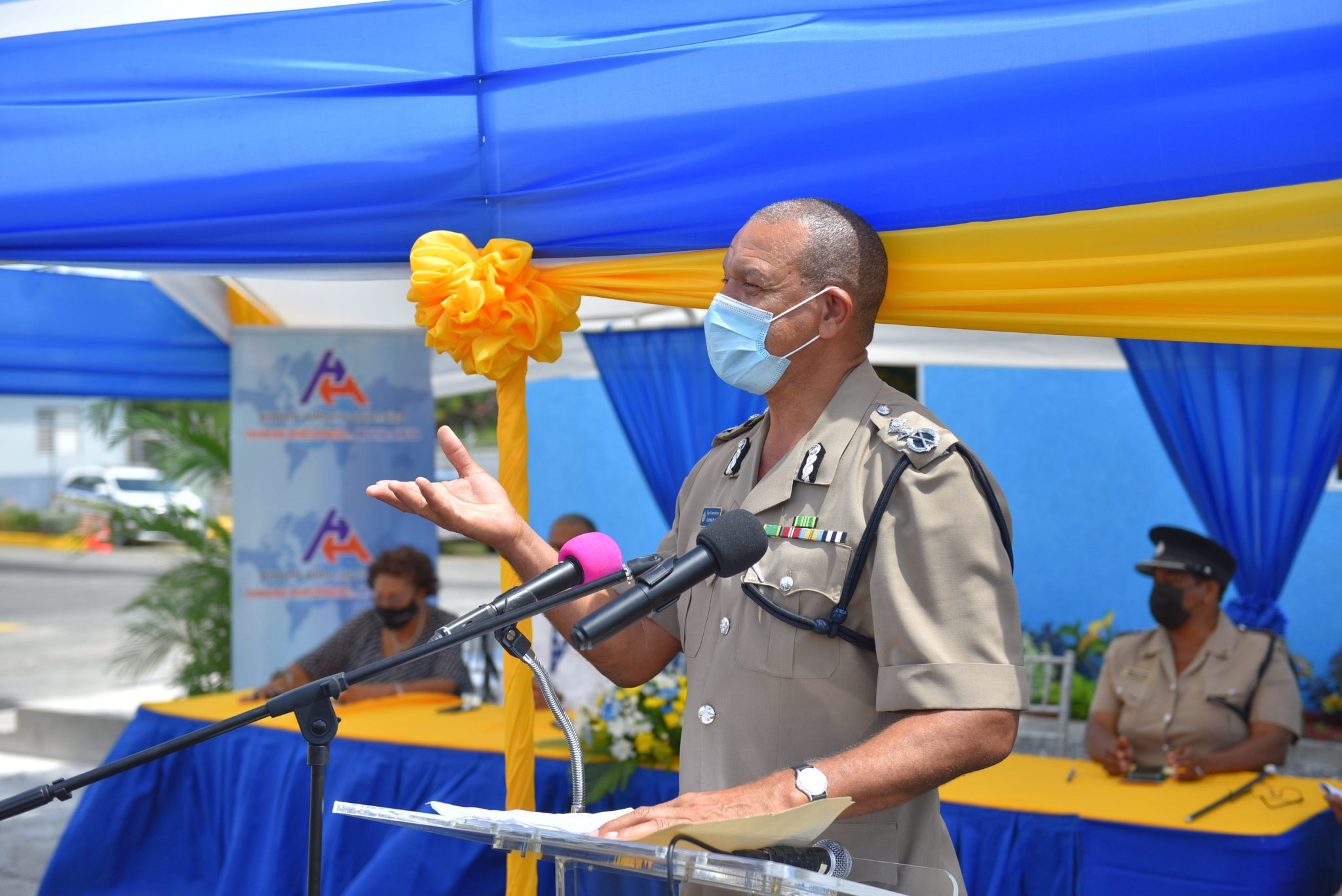 Deputy Commissioner of Police (DCP) Clifford Blake, addresses the recent handover of a  new police post at the Ian Fleming International Airport, which was built by the Airports Authority of Jamaica (AAJ) at a cost of $48 million.

