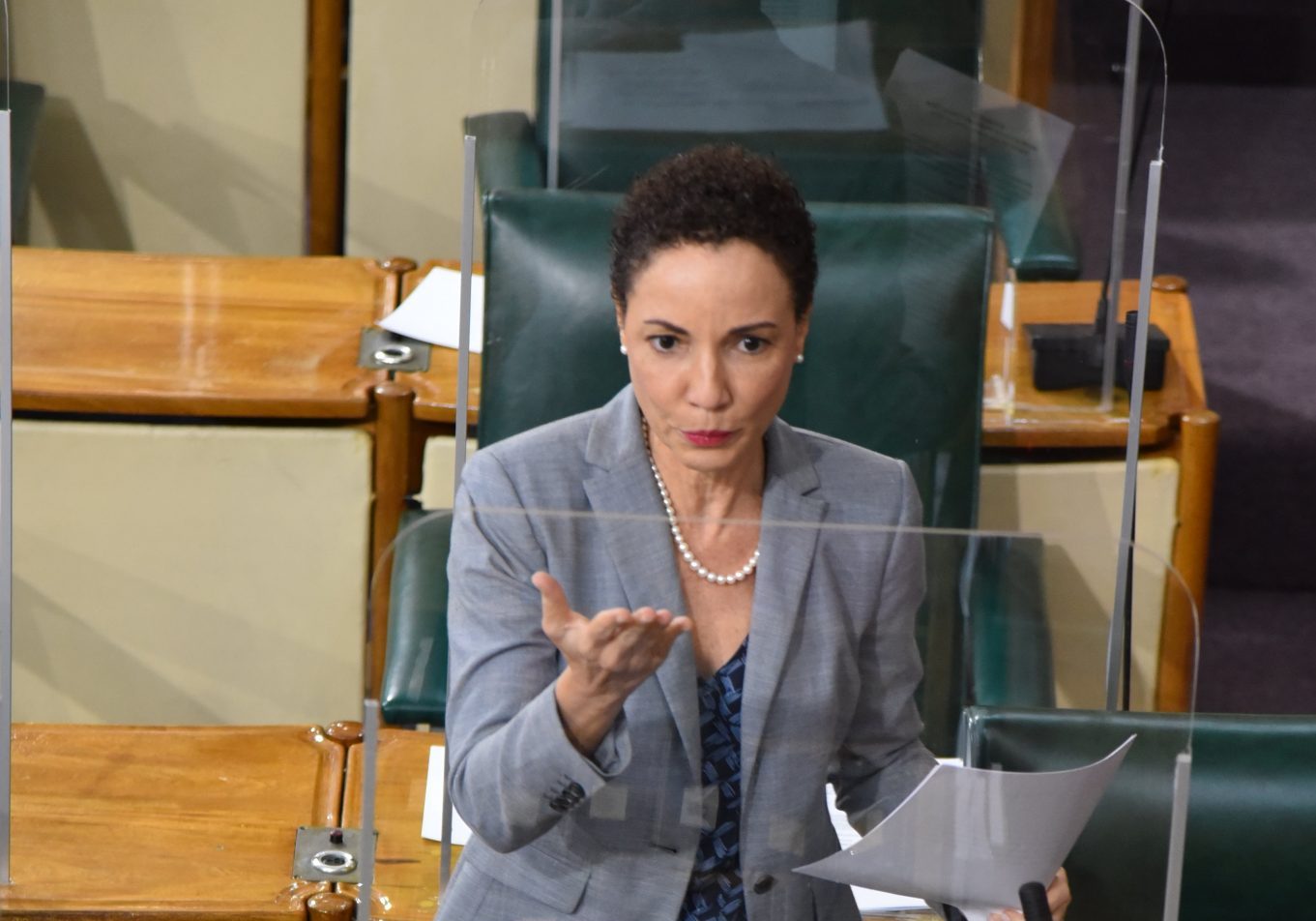 Minister of Foreign Affairs and Foreign Trade, and Leader of Government Business in the Senate,  Hon. Kamina Johnson Smith, stresses a point while piloting the Legal Aid (Fees) (Validation and Indemnification) Act, 2021, during the sitting of the Senate on Friday (July 2). 

