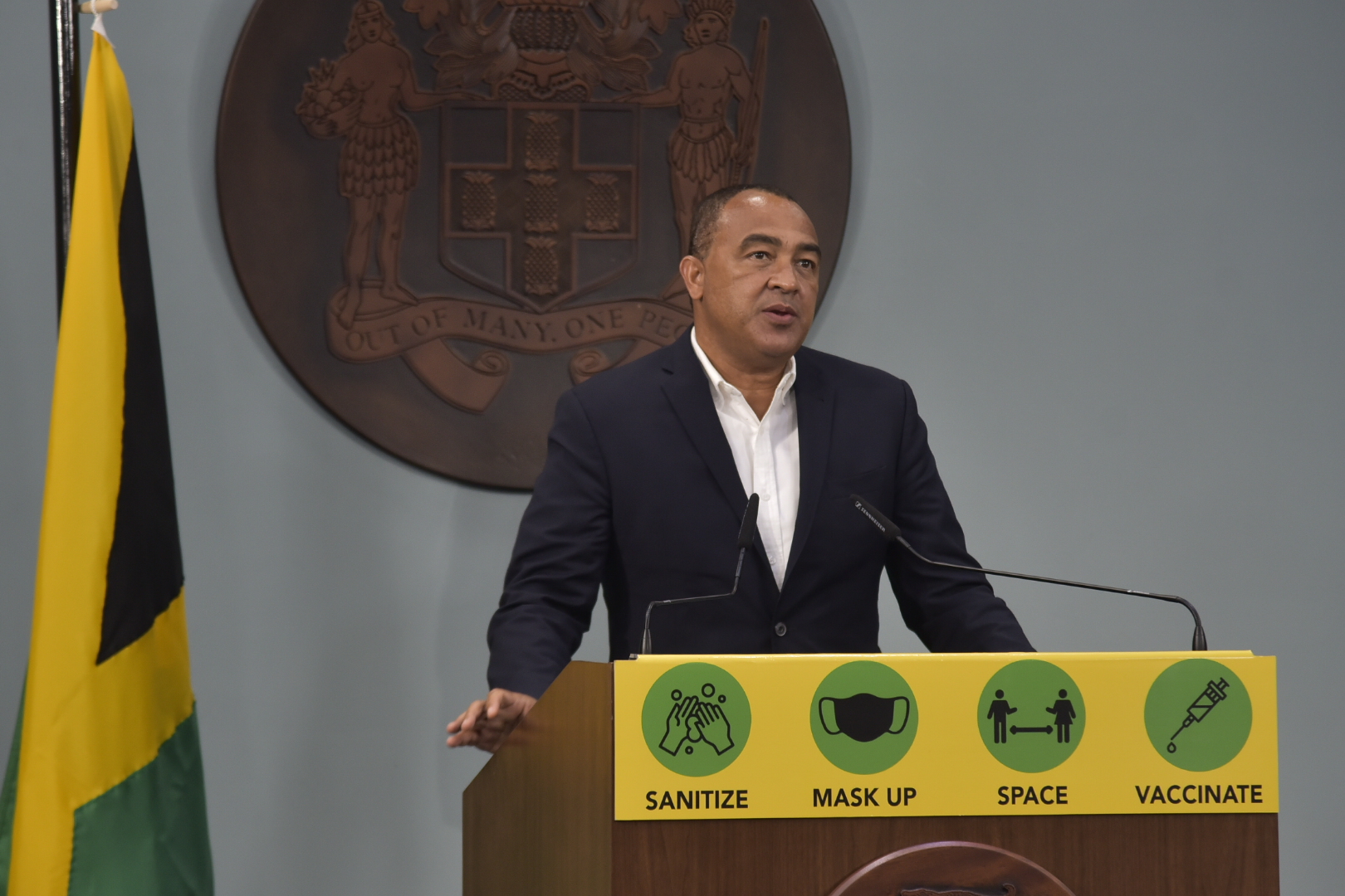 Minister of Health and Wellness, Dr. Hon. Christopher Tufton speaking at a virtual press conference at the Office of the Prime Minister on Monday (August 9).   Photo: Donald De la Haye  
