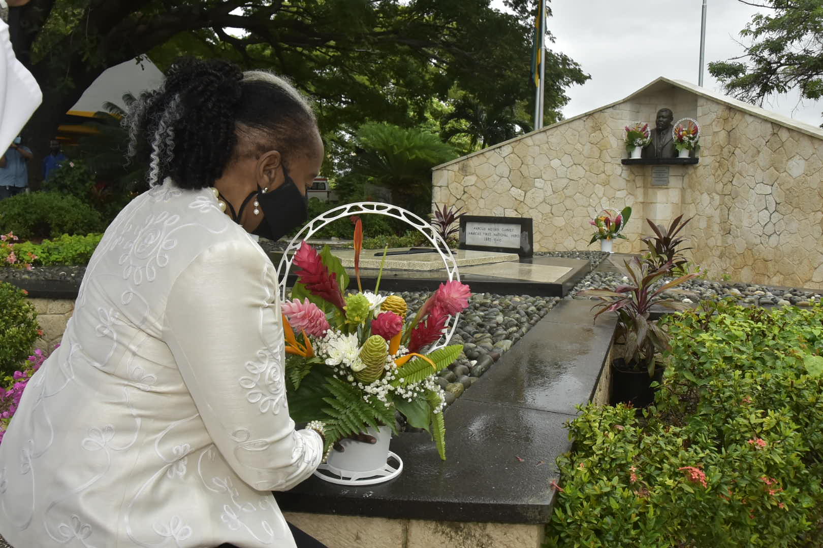 Chairperson, National Council on Reparations, Laleta Davis Mattis, places flowers at the shrine of Jamaica’s first National Hero, the Right Excellent Marcus Mosiah Garvey, at National Heroes Park in Kingston on Tuesday (August 17) to commemorate the 134th anniversary of his birth.

