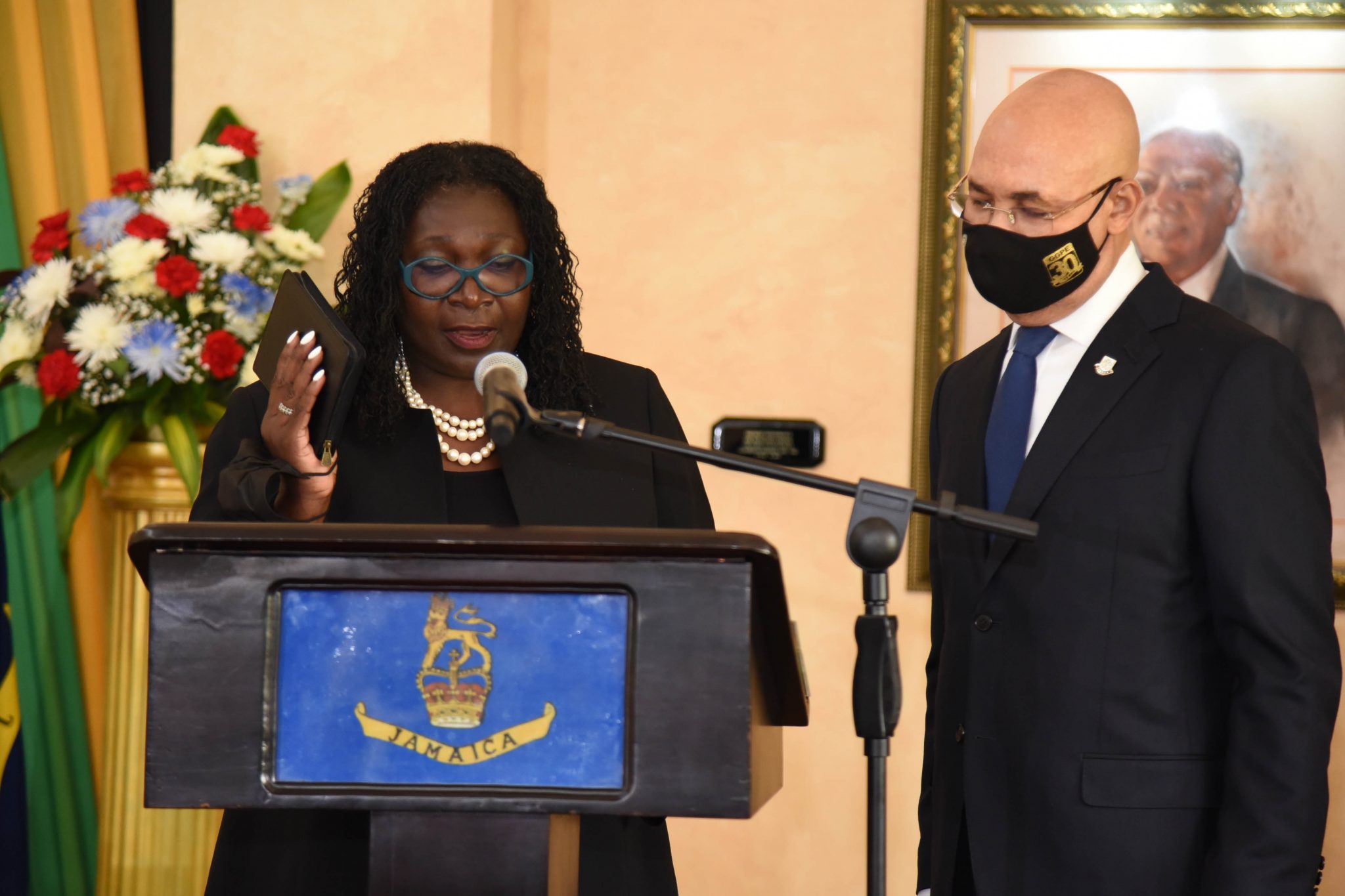 Governor-General, His Excellency the Most. Hon. Sir Patrick Allen (right), observes as Hon. Mrs. Justice Cresencia Brown Beckford takes the Oath of Office to act as Judge of the Court of Appeal, at a ceremony held at King’s House in Kingston, today (September 15).

 