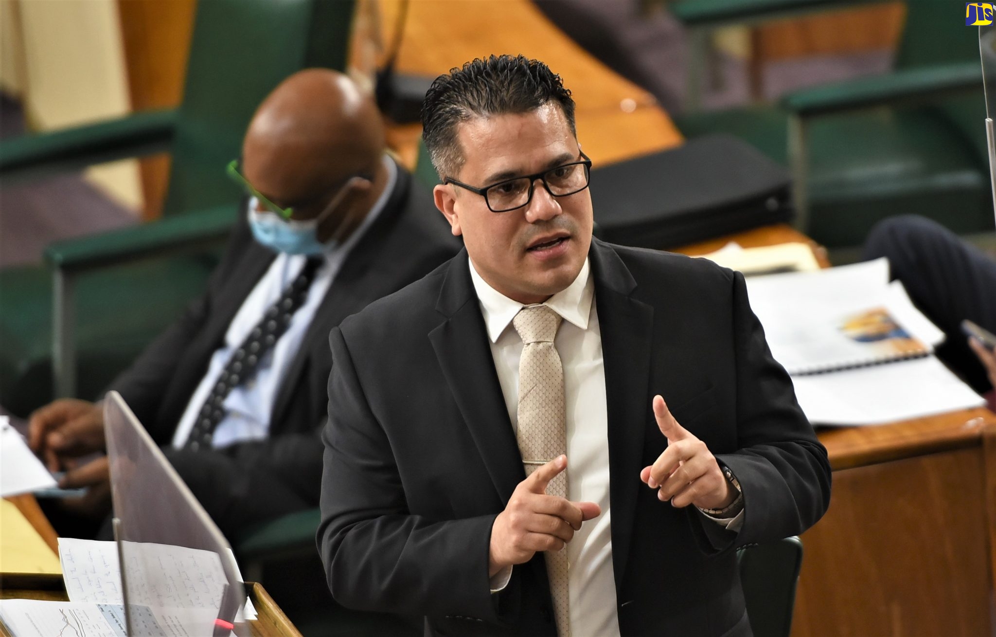 Minister without Portfolio in the Ministry of National Security, Senator Hon. Matthew Samuda, emphasises a point while making his contribution to the 2021/22 State of the Nation Debate in the Upper House on Friday (Sept. 24).