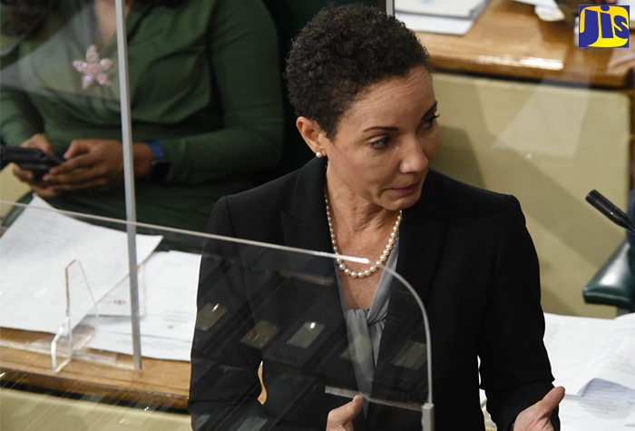 Minister of Foreign Affairs and Foreign Trade, and Leader of Government Business in the Senate, Senator Hon. Kamina Johnson Smith, addressing the Upper House on Friday (Oct. 8)