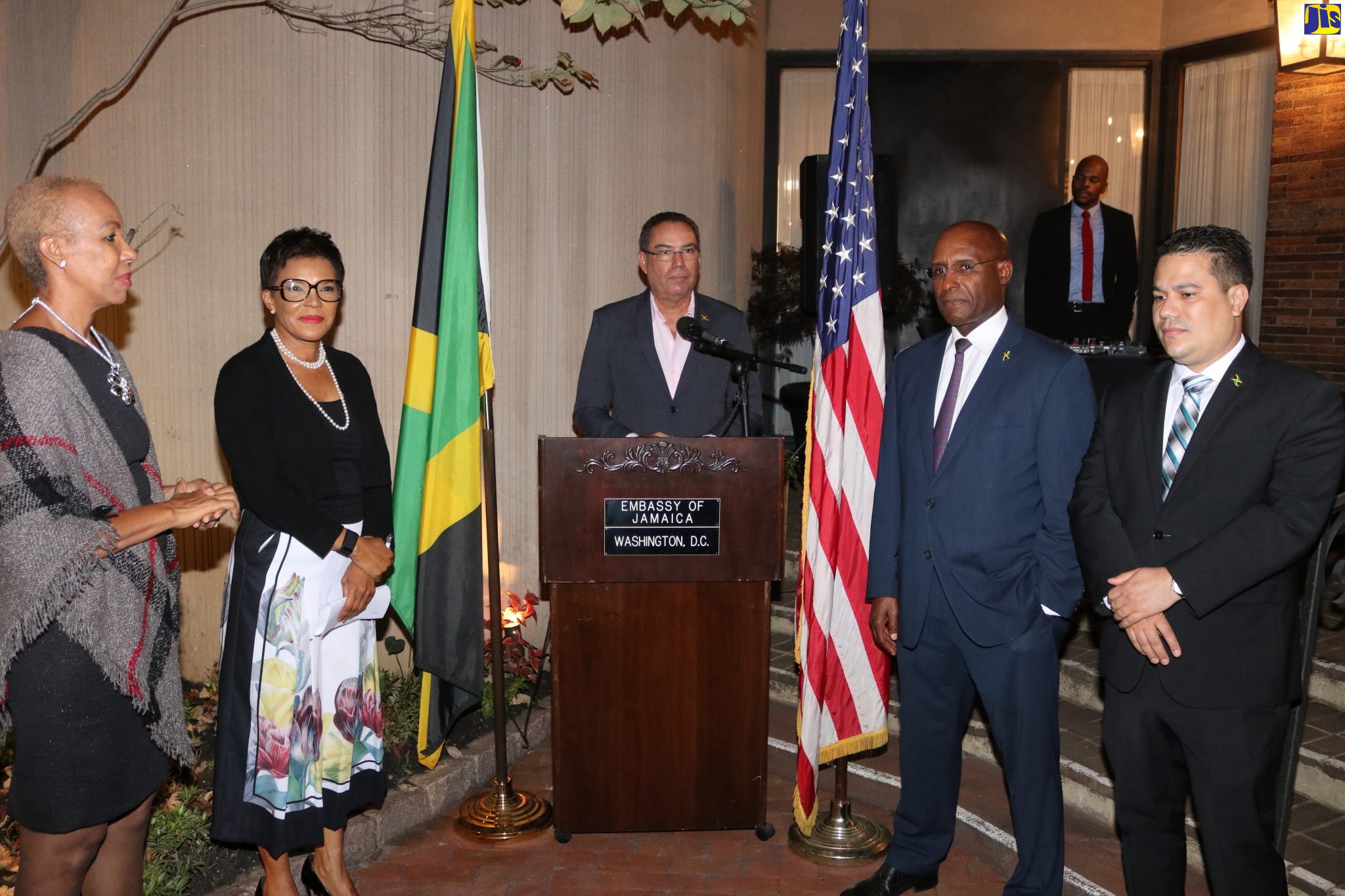 Head of the Jamaican delegation to the United States on information, communications technology (ICT), cyber security and energy, Hon. Daryl Vaz, delivers remarks at the conclusion of consultations on ICT and cyber security between the governments of Jamaica and the United States on Friday (October 15) at the Jamaican Embassy in Washington DC. Others from left are: Minister of Education and Information Hon. Fayval Williams; Jamaica’s ambassador to the United States Her Excellency Audrey Marks; Minister without Portfolio in the Ministry of Economic Growth and Job Creation, Senator Aubyn Hill and Minister without Portfolio in the Ministry of National Security Senator Matthew Samuda.