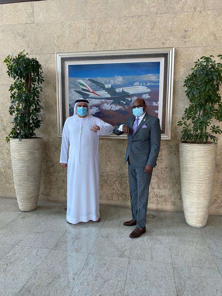 Tourism Minister, Hon. Edmund Bartlett (right), is greeted by  Emirates Airlines’ Senior VP, Commercial Operations – Americas, Salem Obaidalla, following a productive meeting at the company’s Dubai Headquarters. During the meeting, which took place on October 24, they discussed the possibility of introducing a special service between Dubai and Jamaica, in celebration of Jamaica Day at the Dubai Expo 2020, being observed in February 2022.  