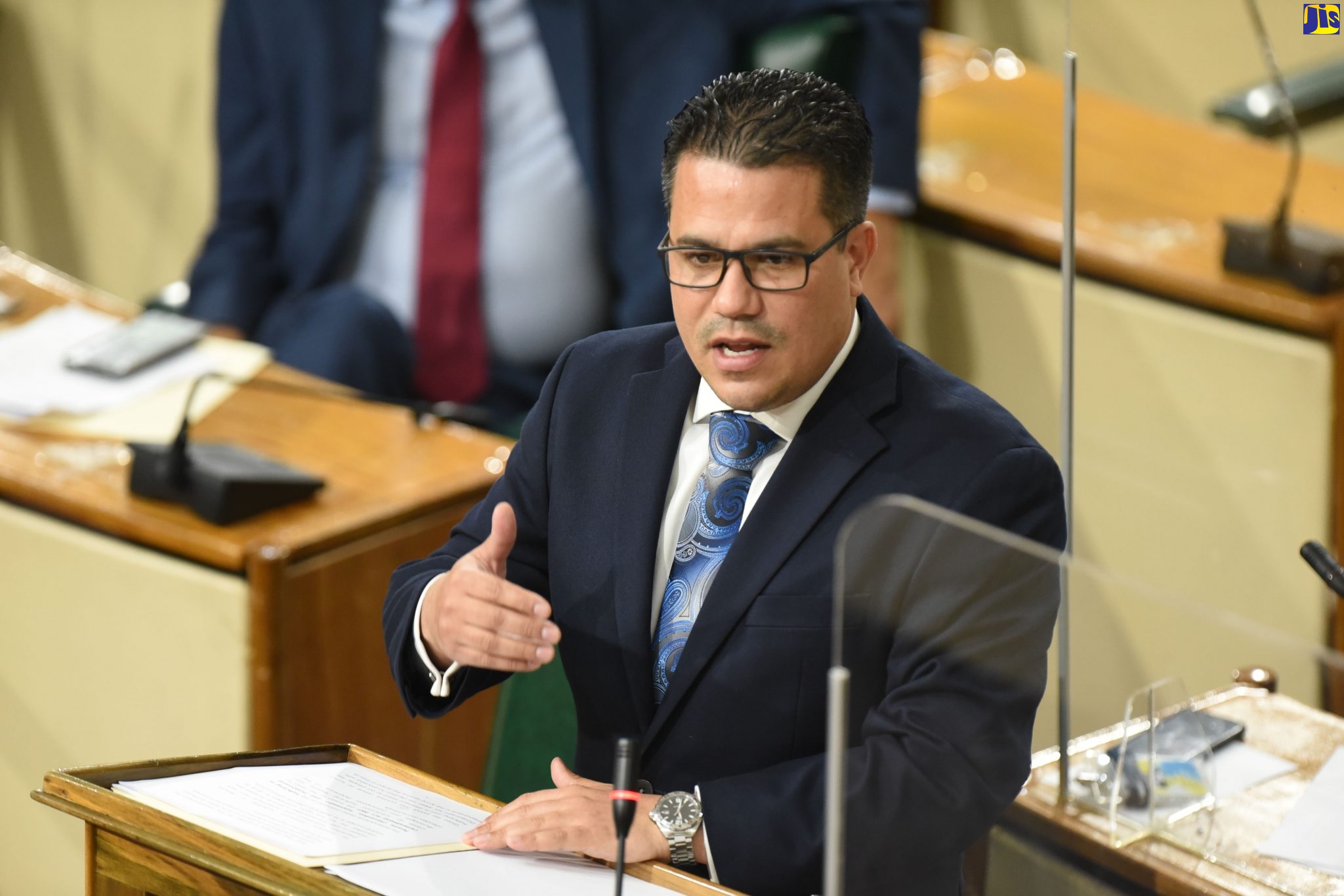 Minister without Portfolio in the Ministry of National Security, Senator the Hon. Matthew Samuda, emphasises a point while piloting the Trafficking in Persons (Prevention, Suppression and Punishment) (Amendment) Act, 2021 in the Senate on Friday (November 12).