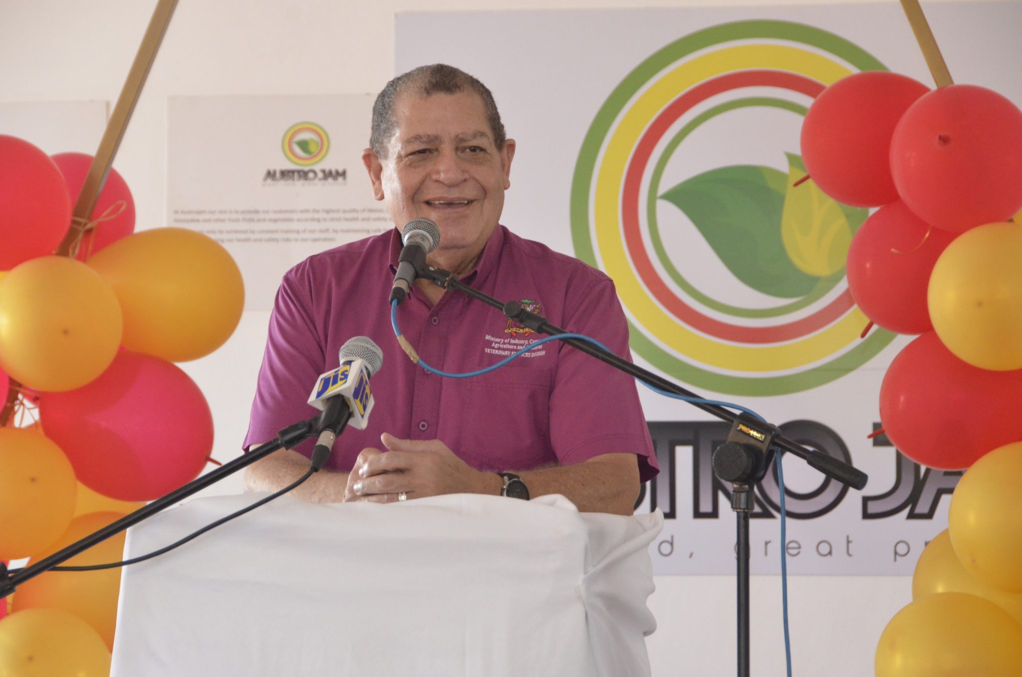 Minister of Industry, Investment and Commerce with oversight responsibility for Agriculture and Fisheries Hon. Audley Shaw, addresses the official opening ceremony of AUSTROJAM Ltd.’s cold-storage facility at its Bluntas, St. Elizabeth, location on Saturday (November 6). Photo: Serena Grant 

