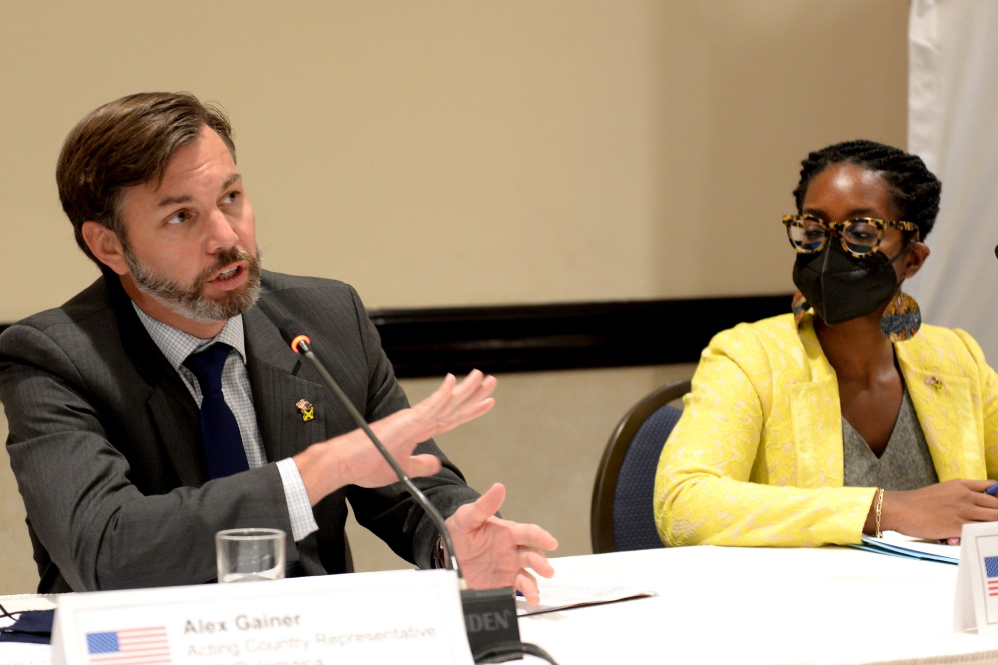 Acting United States Agency for International Development (USAID) Country Representative in Jamaica, Alex Gainer (left), responds to questions from journalists during a media round-table briefing, hosted by the US Embassy at The Jamaica Pegasus hotel in New Kingston on Tuesday (November 16). Listening is Director for the Bureau of International Narcotics and Law Enforcement at the Embassy, Linnisia Wahid.

