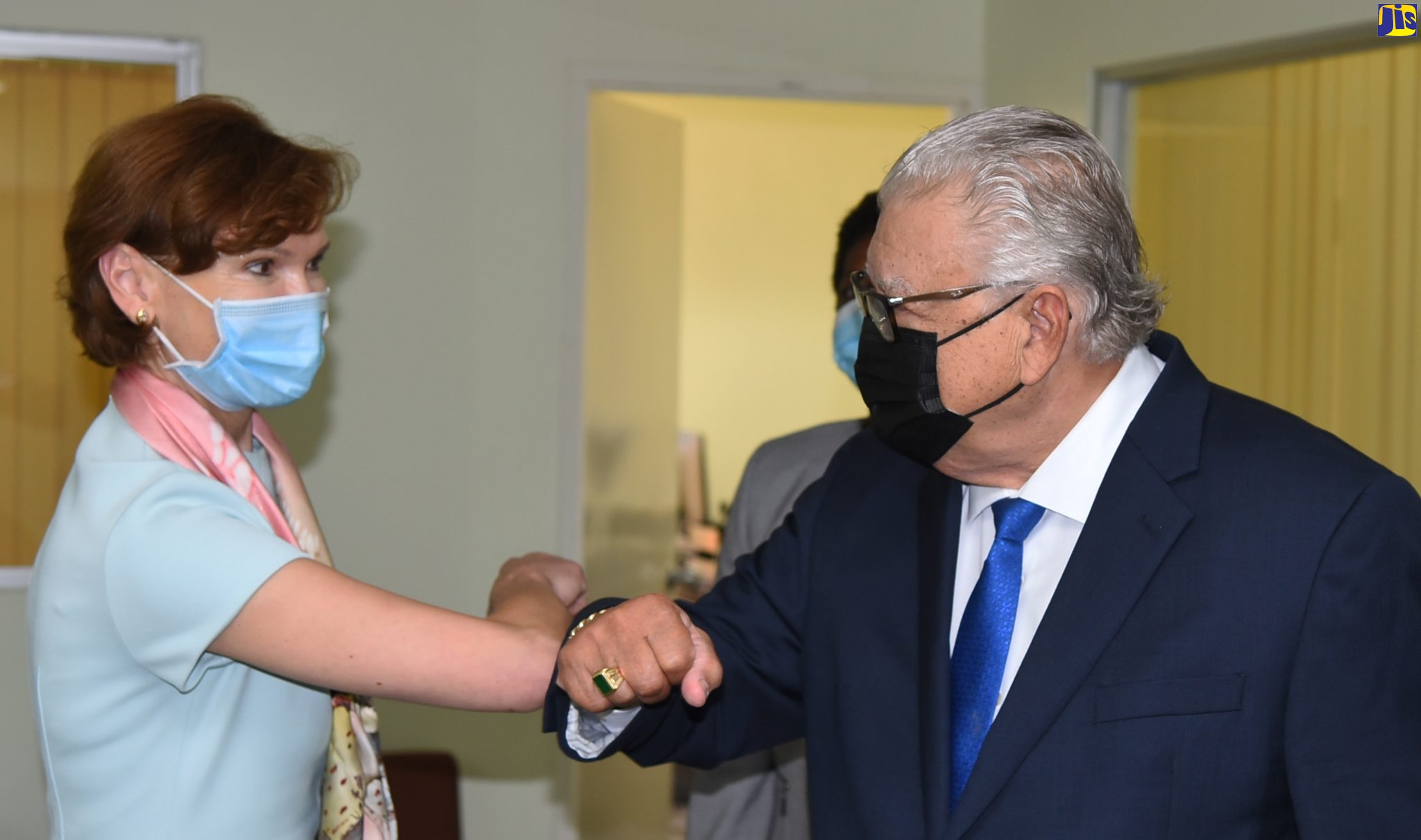 Minister of Labour and Social Security, Hon. Karl Samuda (right) greets World Bank Country Director for the Caribbean, Lilia Burunciuc, during a courtesy call at the National Insurance Fund offices in New Kingston on November 5. The discussions revolved around Jamaica’s recovery efforts from the impact of COVID-19.
