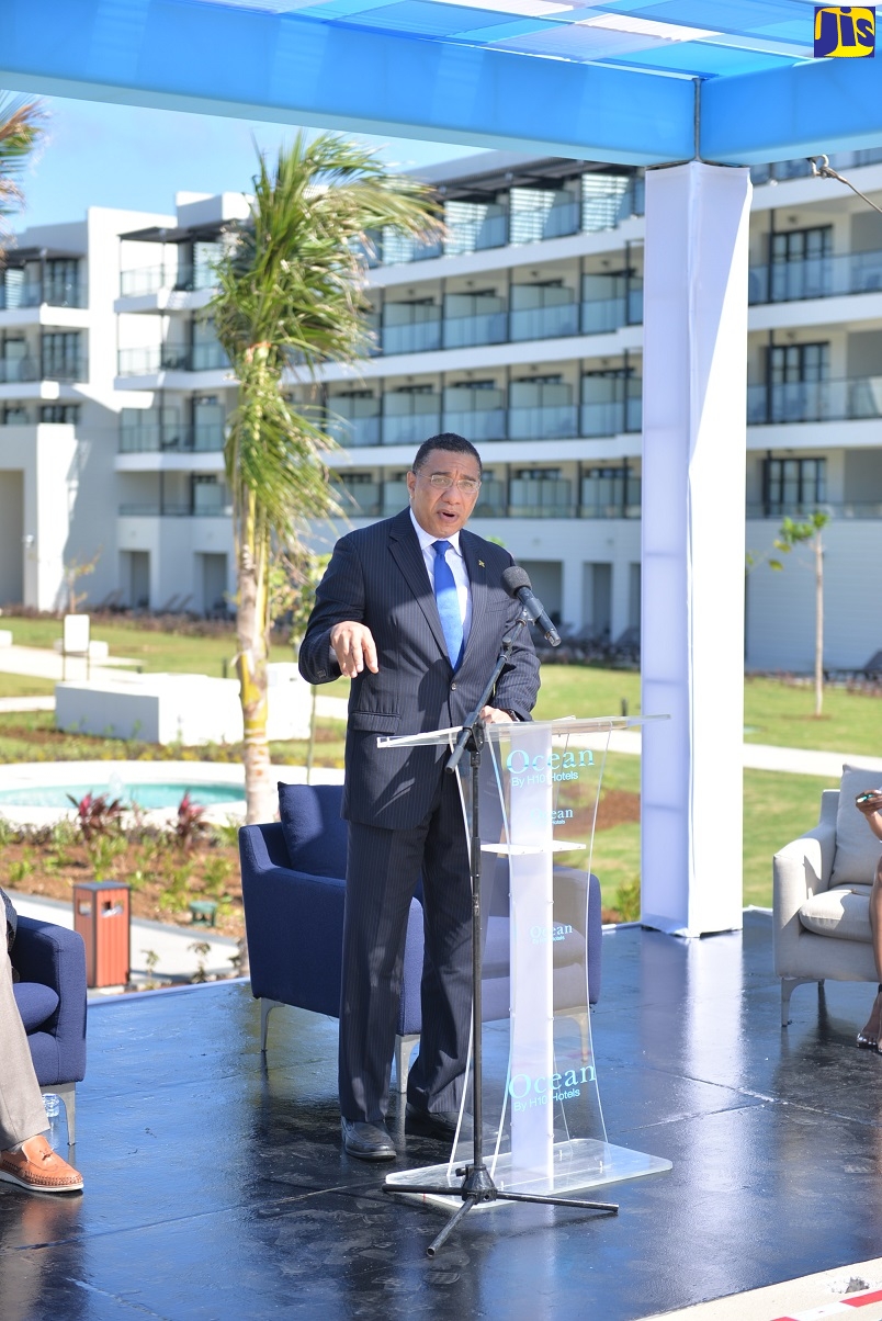 Prime Minister, the Most Hon. Andrew Holness, addressing the official opening ceremony for the 444-suite all-inclusive Ocean Eden Bay Hotel by H10 in Trelawny on December 9.