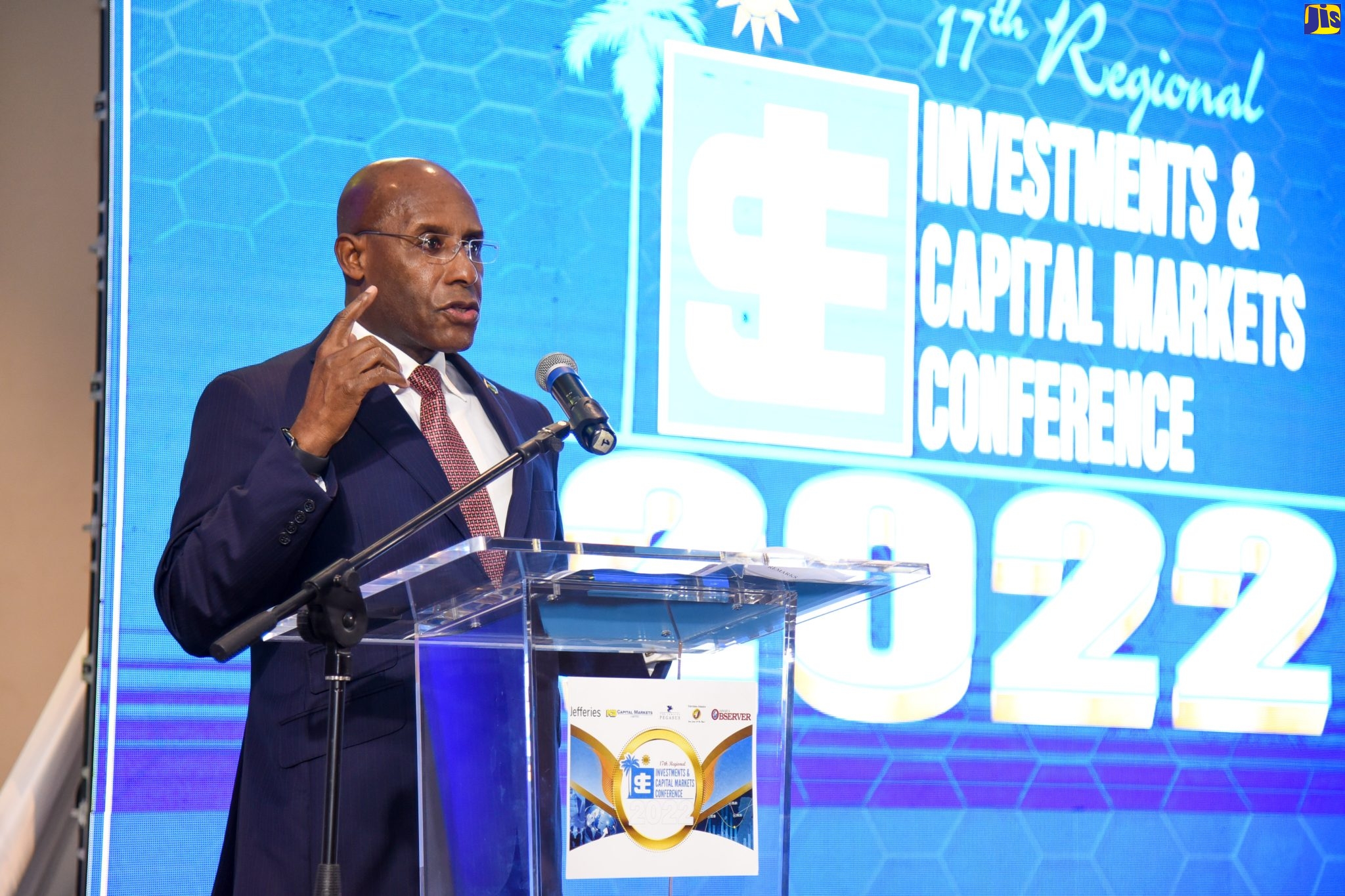 Minister of Industry, Investment and Commerce, Senator the Hon. Aubyn Hill, addressing the Jamaica Stock Exchange (JSE) 17th semi-virtual Regional Investments and Capital Markets Conference, at the Jamaica Pegasus hotel in New Kingston, on Wednesday (January 26).
