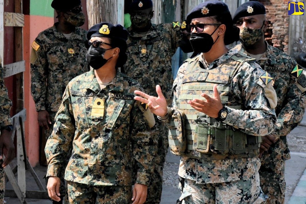 Newly appointed Chief of Defence Staff (CDS), Rear Admiral Antonette Wemyss-Gorman (left) on Sunday (January 23), toured sections of the Zone of Special Operations (ZOSO) in Parade Gardens, Kingston. During the tour, Rear Admiral Wemyss-Gorman met with security force personnel on the ground and also spoke with residents in the area. The ZOSO in Parade Gardens was declared by Prime Minister the Most Hon. Andrew Holness on January 9 and will remain in effect for 60 days.