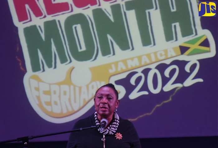 Minister of Culture, Gender, Entertainment and Sport, Hon. Olivia Grange, speaking at the 2022 Reggae Month launch, which was held at the Go For God Family Church in Kingston, yesterday (January 30).