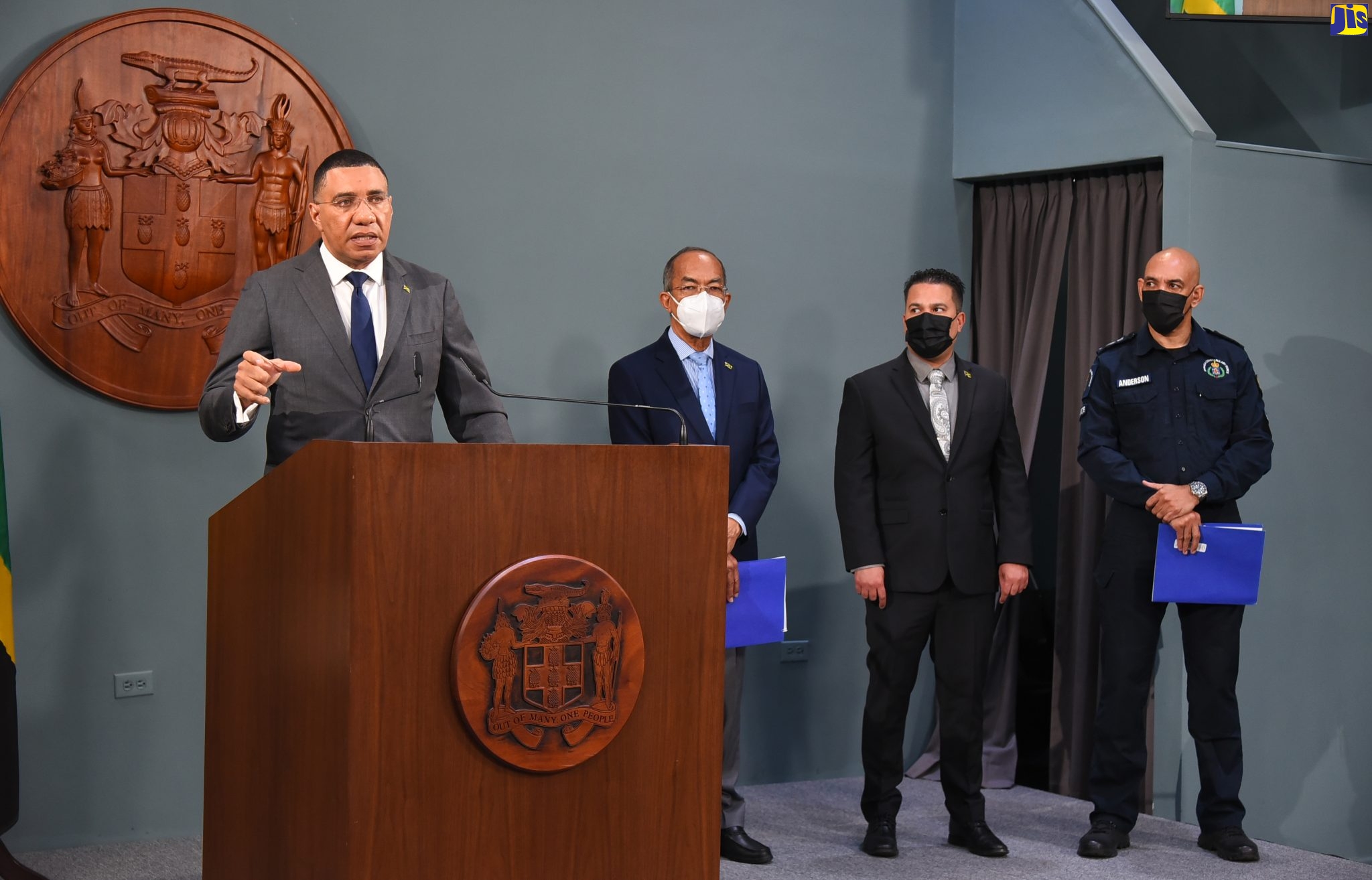 Prime Minister, the Most. Hon. Andrew Holness (left), fields questions from journalists during a digital press conference on Sunday (January 9). With him (from second left) are Deputy Prime Minister and Minister of National Security, Hon. Dr. Horace Chang; Minister without Portfolio in the Ministry of National Security, Senator the Hon. Mathew Samuda; and Police Commissioner, Major General Antony Anderson.